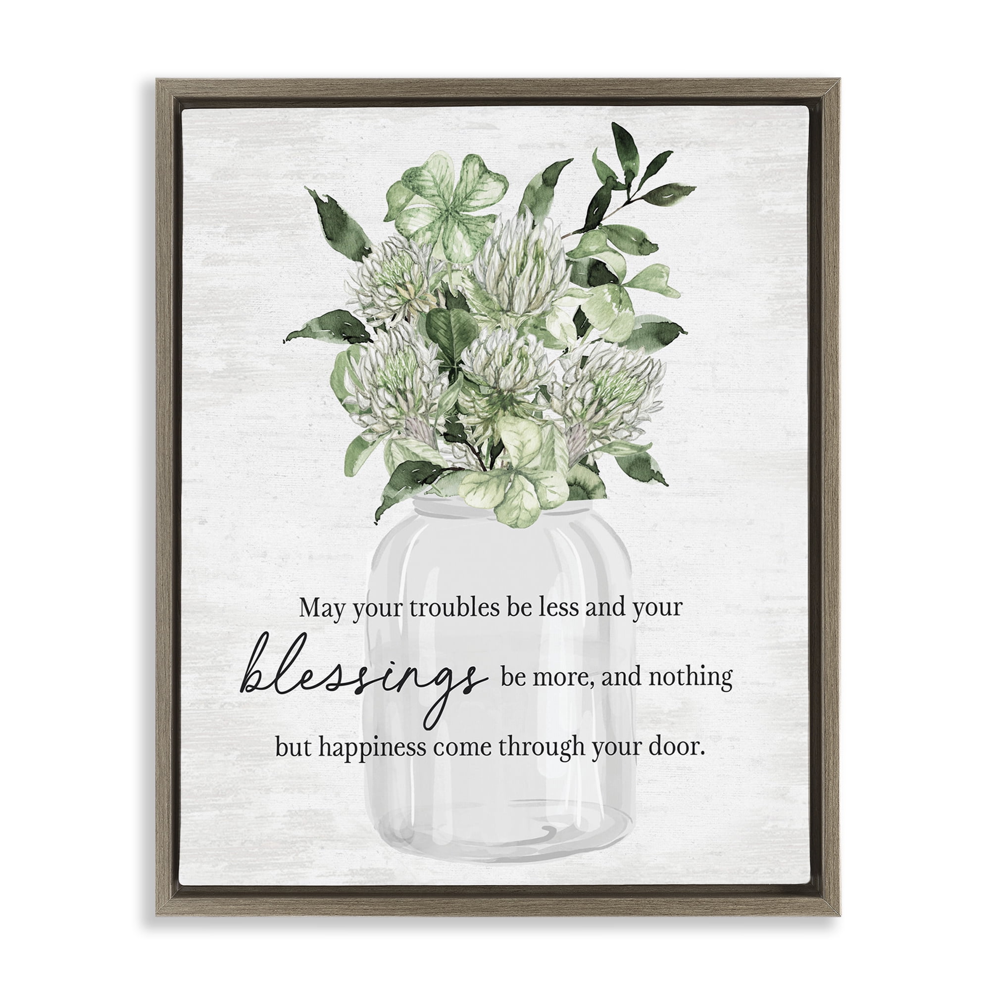 Stupell Industries Lucky Clover Blessing Botanical & Floral Painting Brown Floater Framed Canvas Art Print Wall Art, 17 x 21