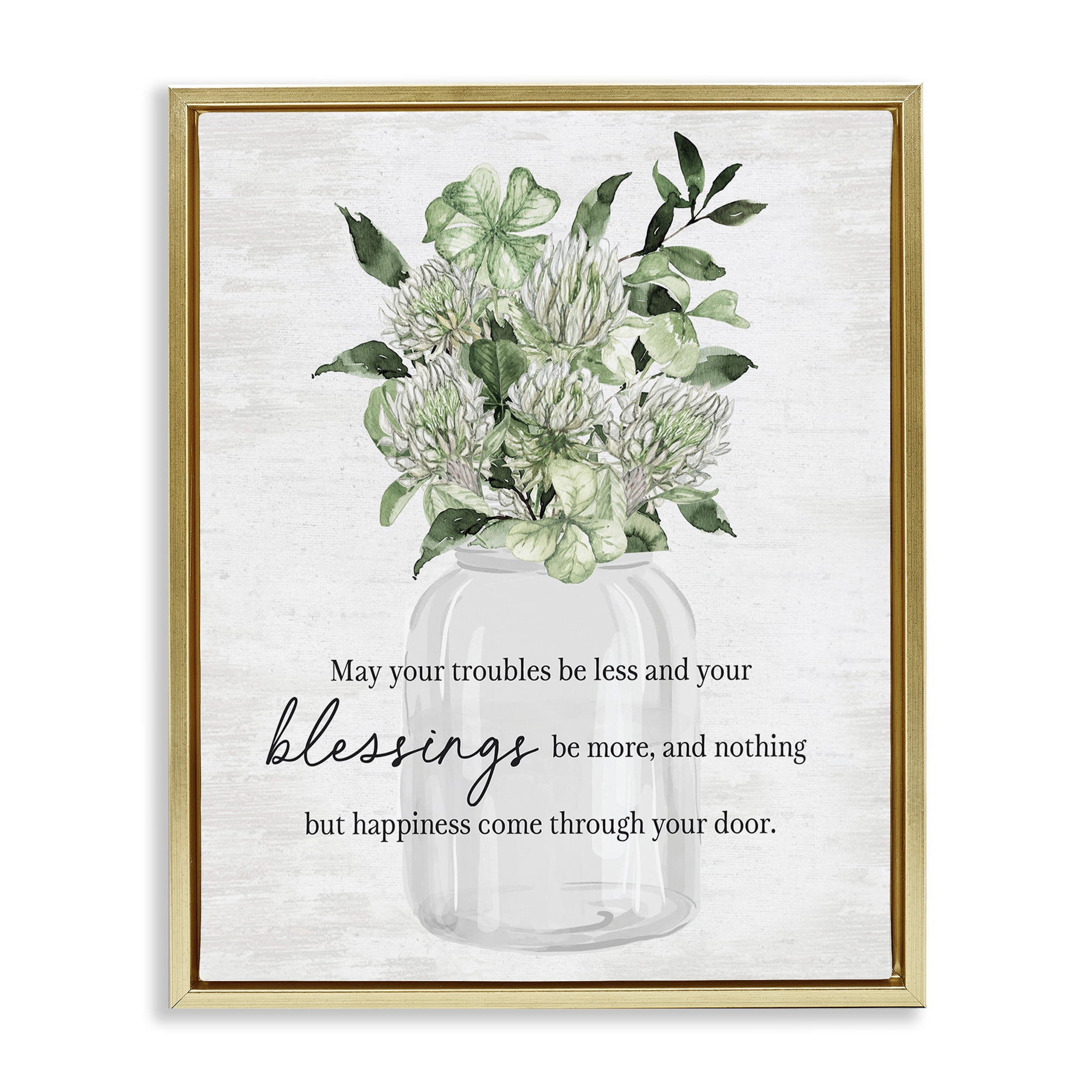 Stupell Industries Lucky Clover Blessing Botanical & Floral Painting Gold Floater Framed Canvas Art Print Wall Art, 17 x 21