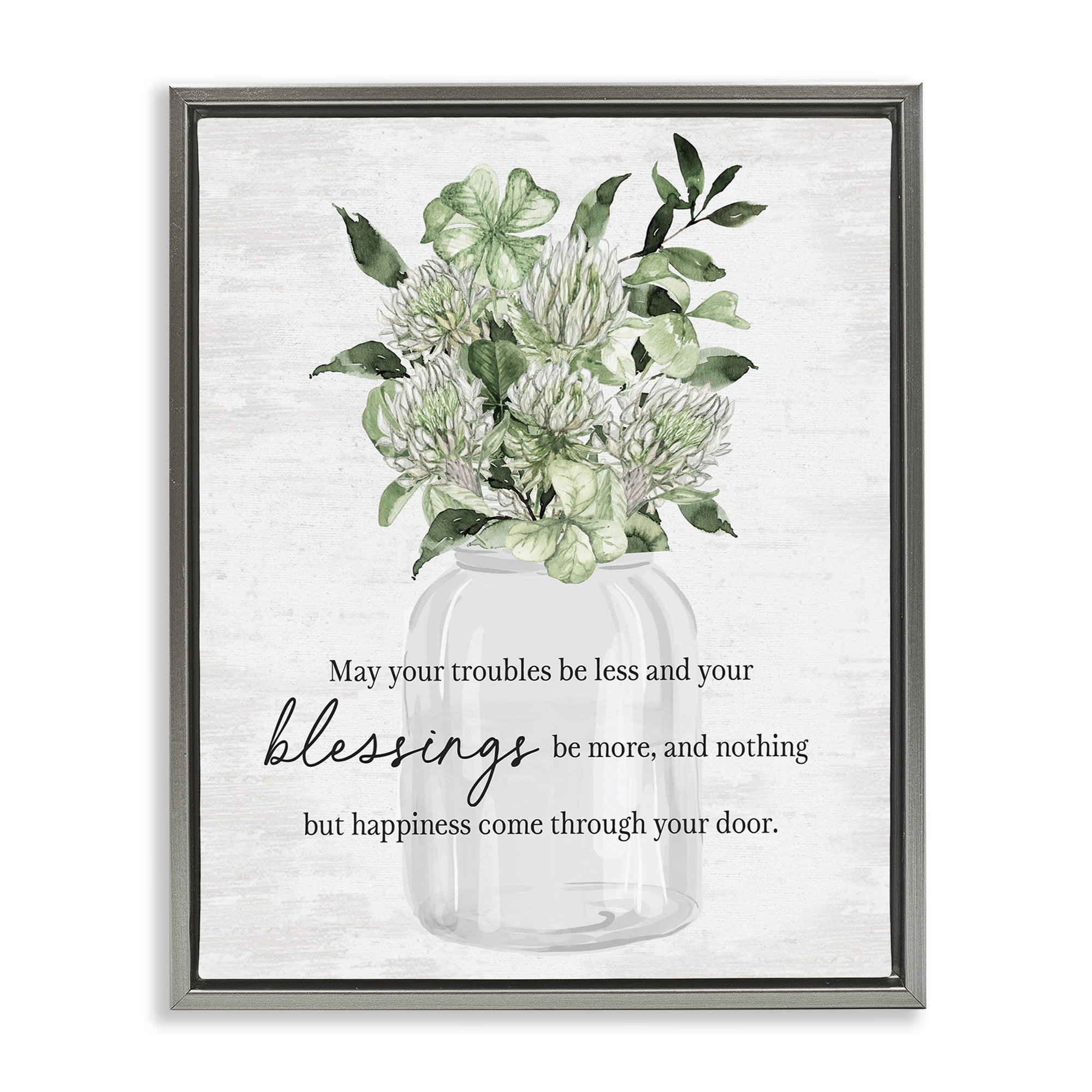 Stupell Industries Lucky Clover Blessing Botanical & Floral Painting Gray Floater Framed Canvas Art Print Wall Art, 25 x 31