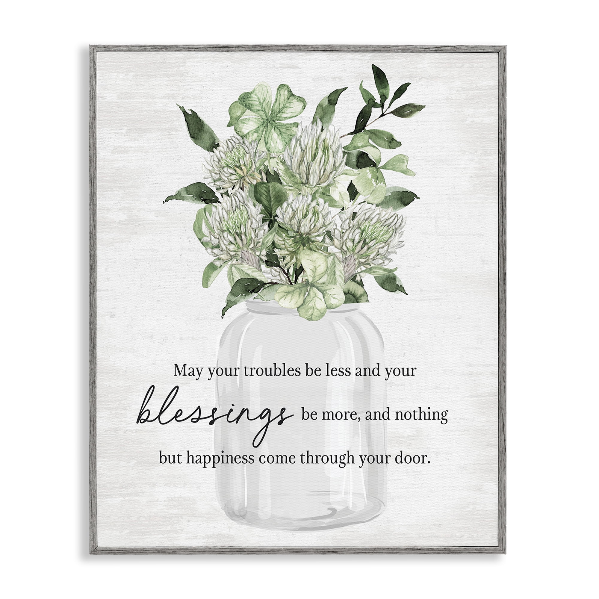 Stupell Industries Lucky Clover Blessing Botanical & Floral Painting Gray Framed Art Print Wall Art, 11 x 14