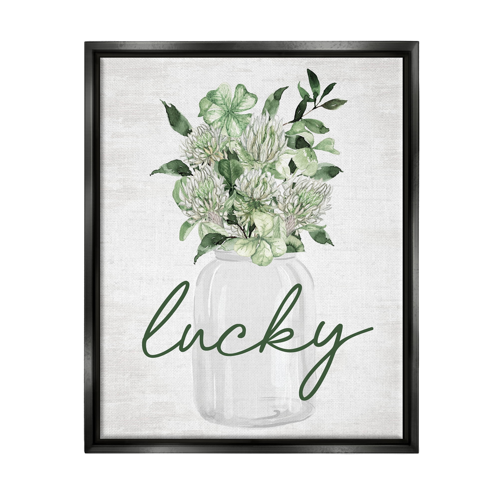 Stupell Industries Lucky Clover Herb Bouquet Botanical & Floral Painting Black Floater Framed Canvas Art Print Wall Art, 25 x 31