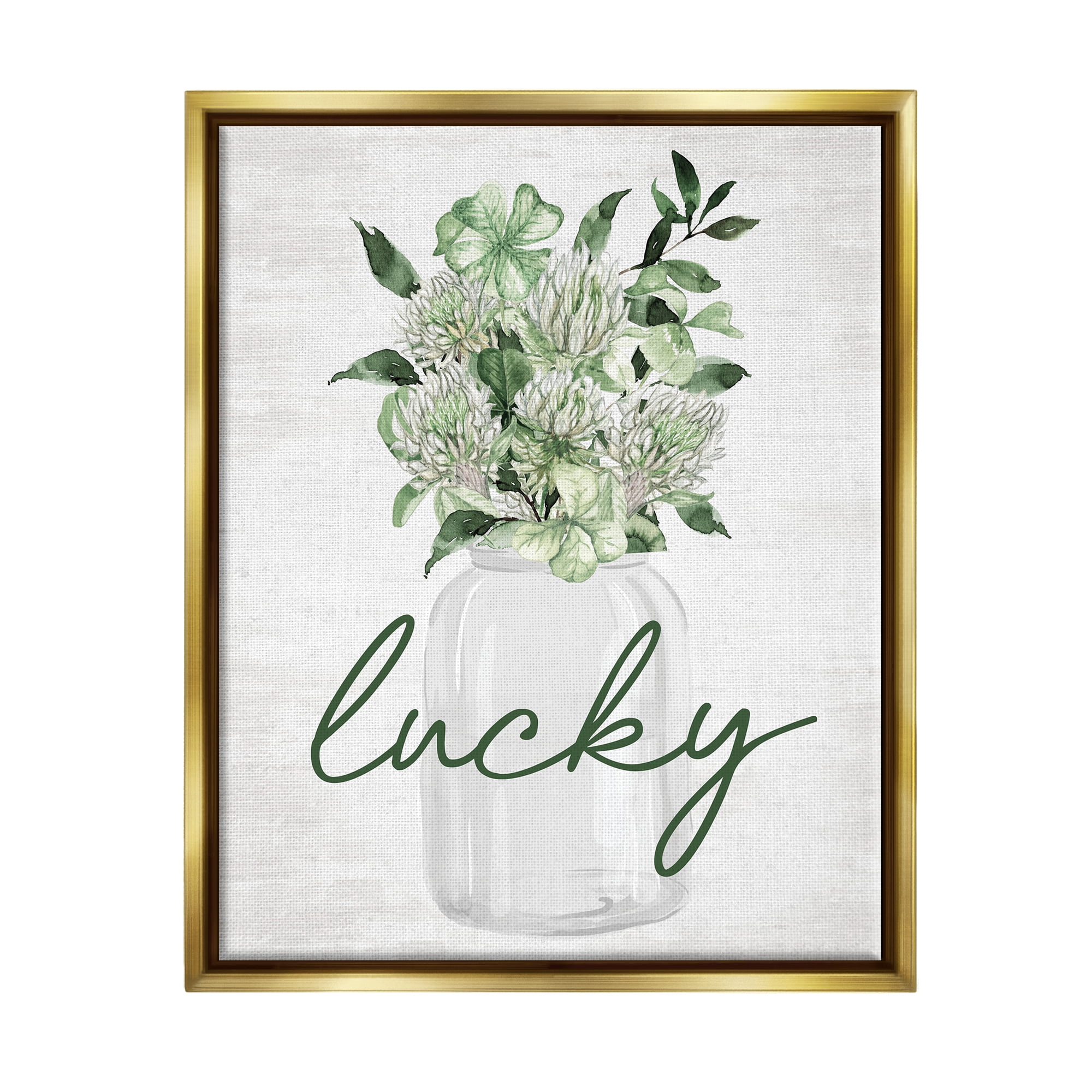Stupell Industries Lucky Clover Herb Bouquet Botanical & Floral Painting Gold Floater Framed Canvas Art Print Wall Art, 17 x 21