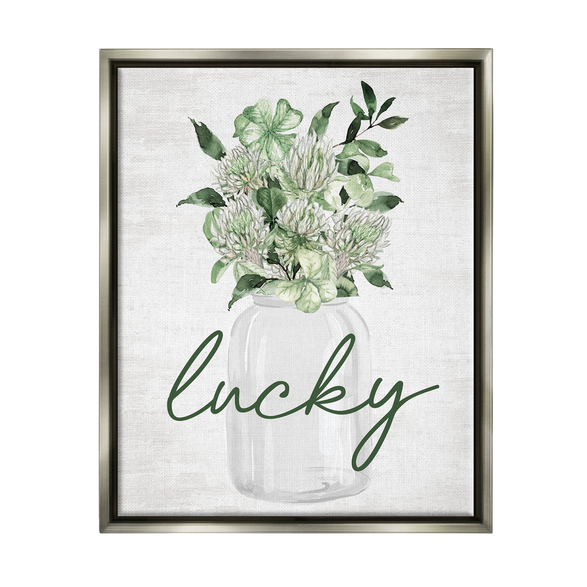 Stupell Industries Lucky Clover Herb Bouquet Botanical & Floral Painting Gray Floater Framed Canvas Art Print Wall Art, 17 x 21
