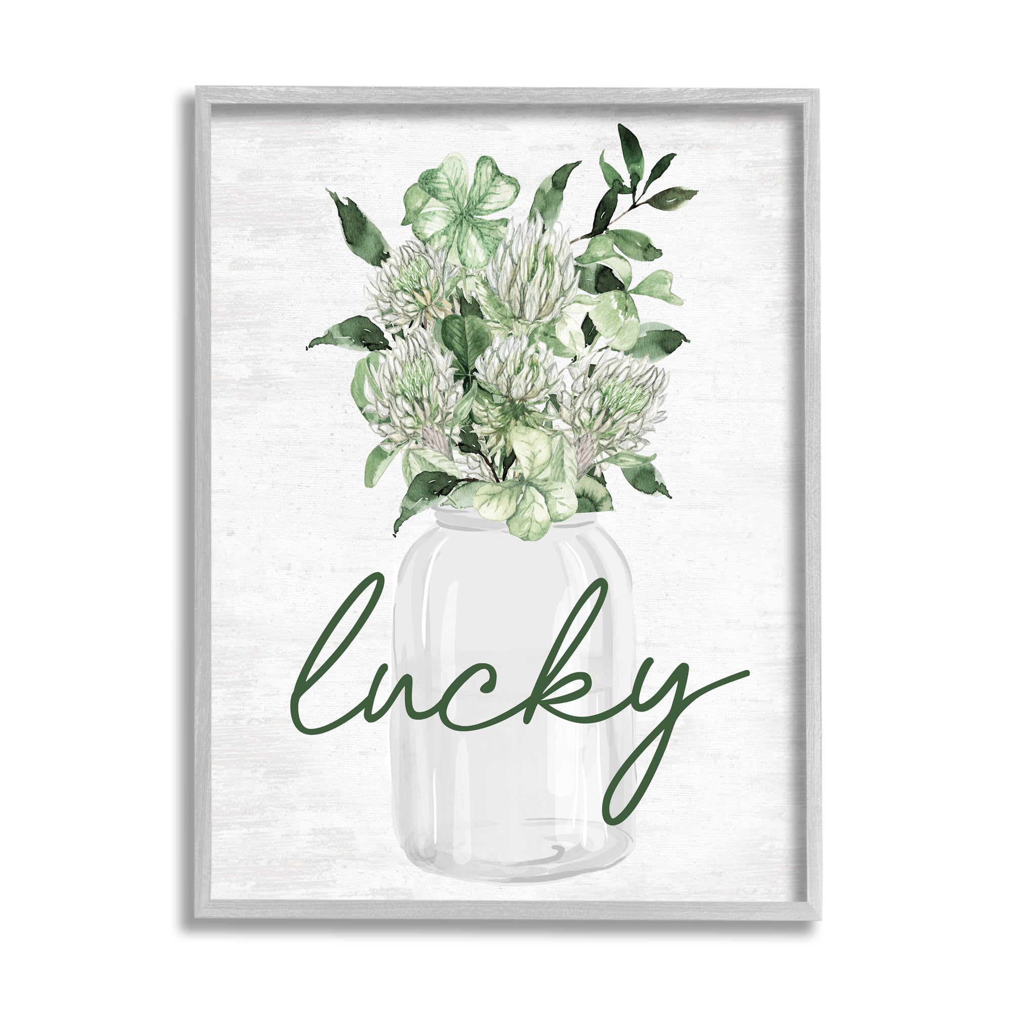 Stupell Industries Lucky Clover Herb Bouquet Botanical & Floral Painting Gray Framed Art Print Wall Art, 16 x 20