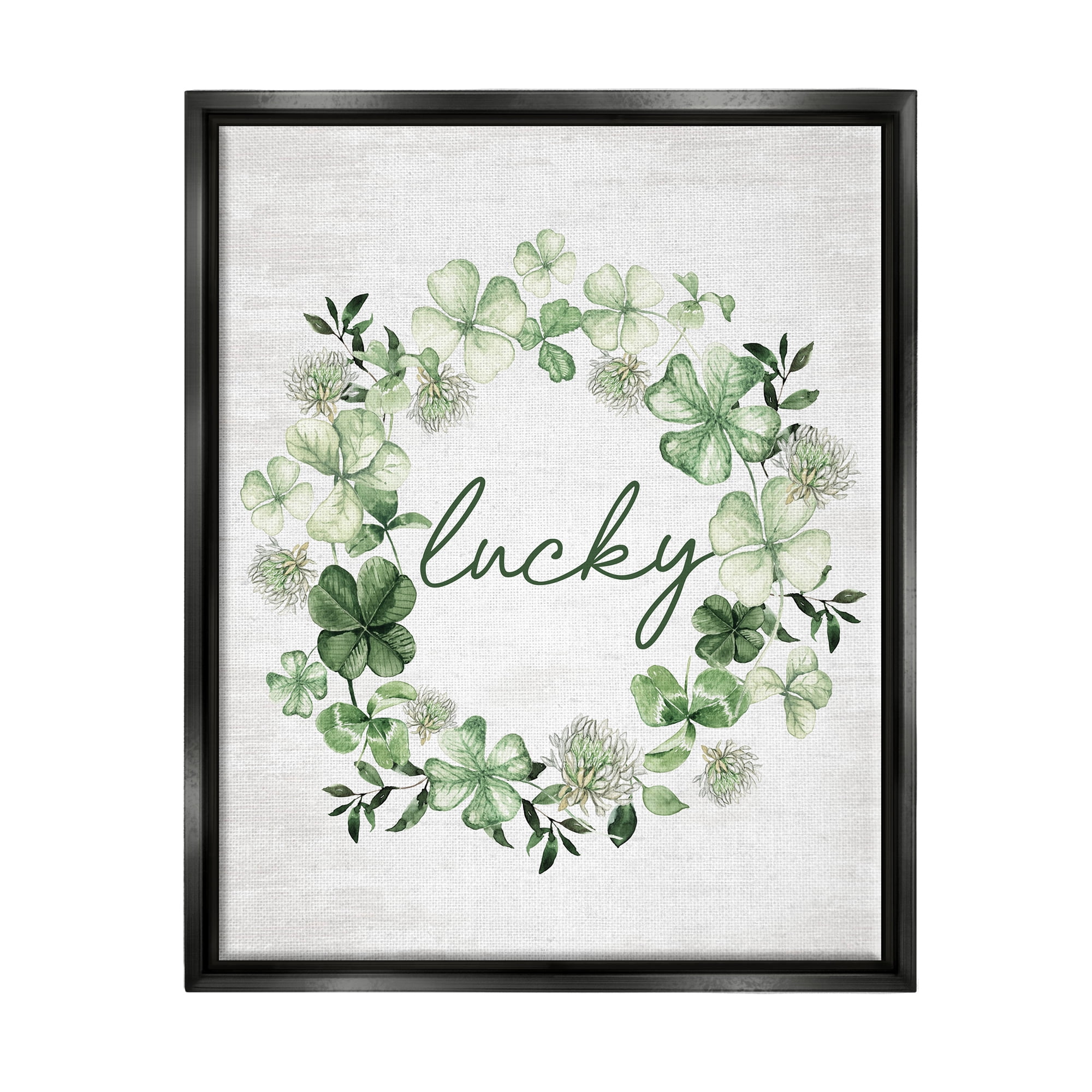Stupell Industries Lucky Clover Wreath Botanical & Floral Painting Black Floater Framed Canvas Art Print Wall Art, 25 x 31