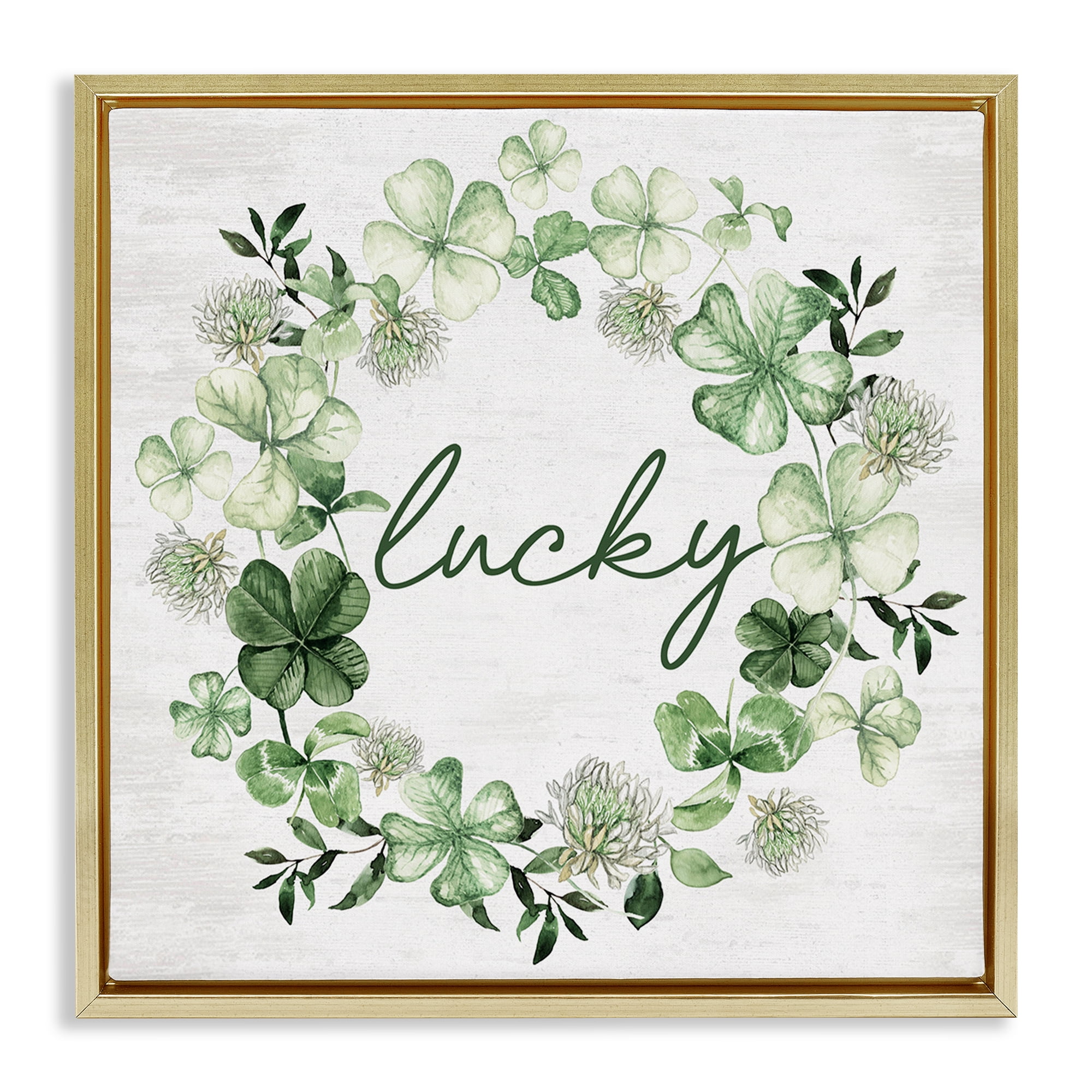 Stupell Industries Lucky Clover Wreath Botanical & Floral Painting Gold Floater Framed Canvas Art Print Wall Art, 18 x 18