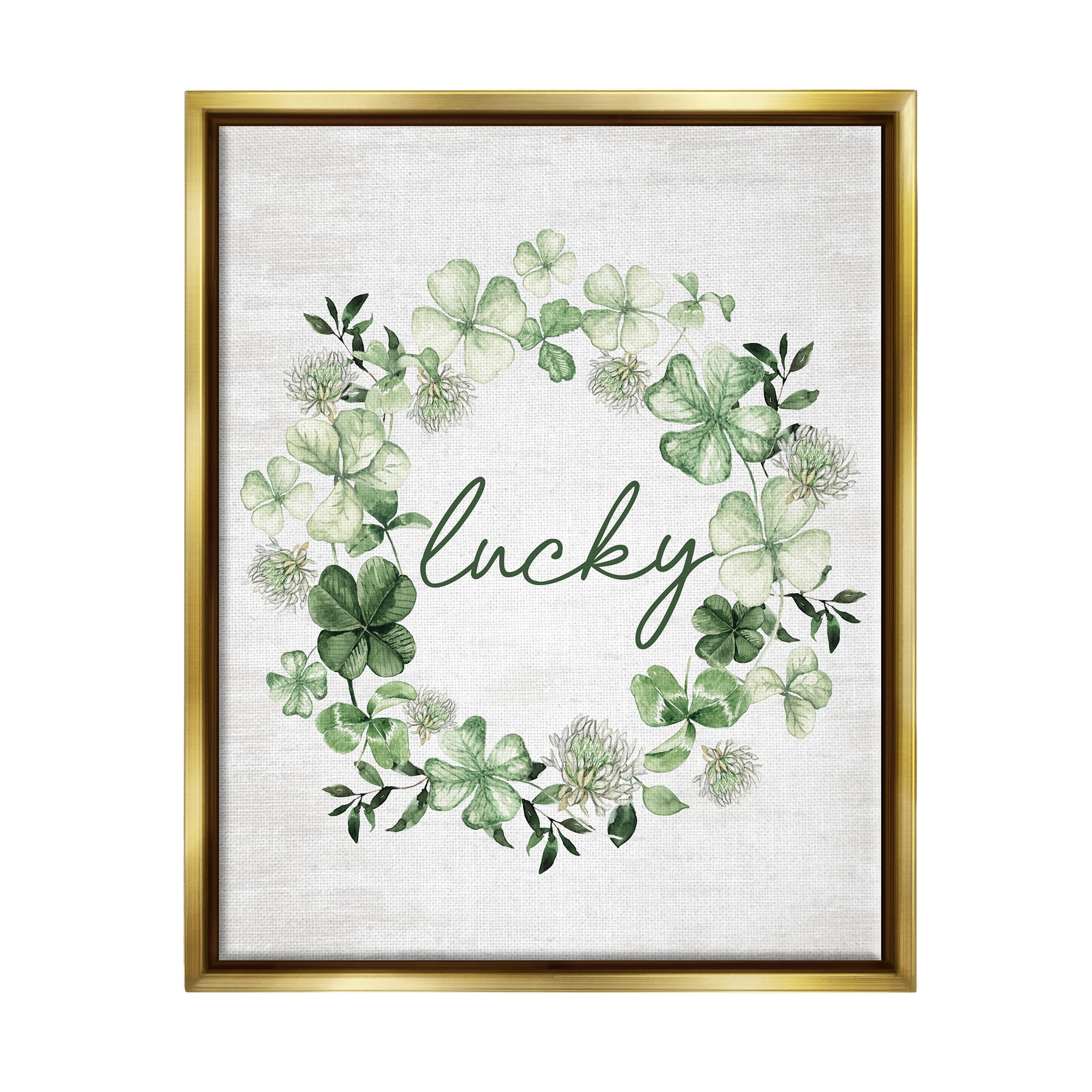 Stupell Industries Lucky Clover Wreath Botanical & Floral Painting Gold Floater Framed Canvas Art Print Wall Art, 25 x 31