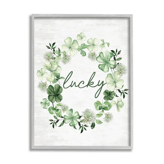 Stupell Industries Lucky Clover Wreath Botanical & Floral Painting Gray Framed Art Print Wall Art, 11 x 14
