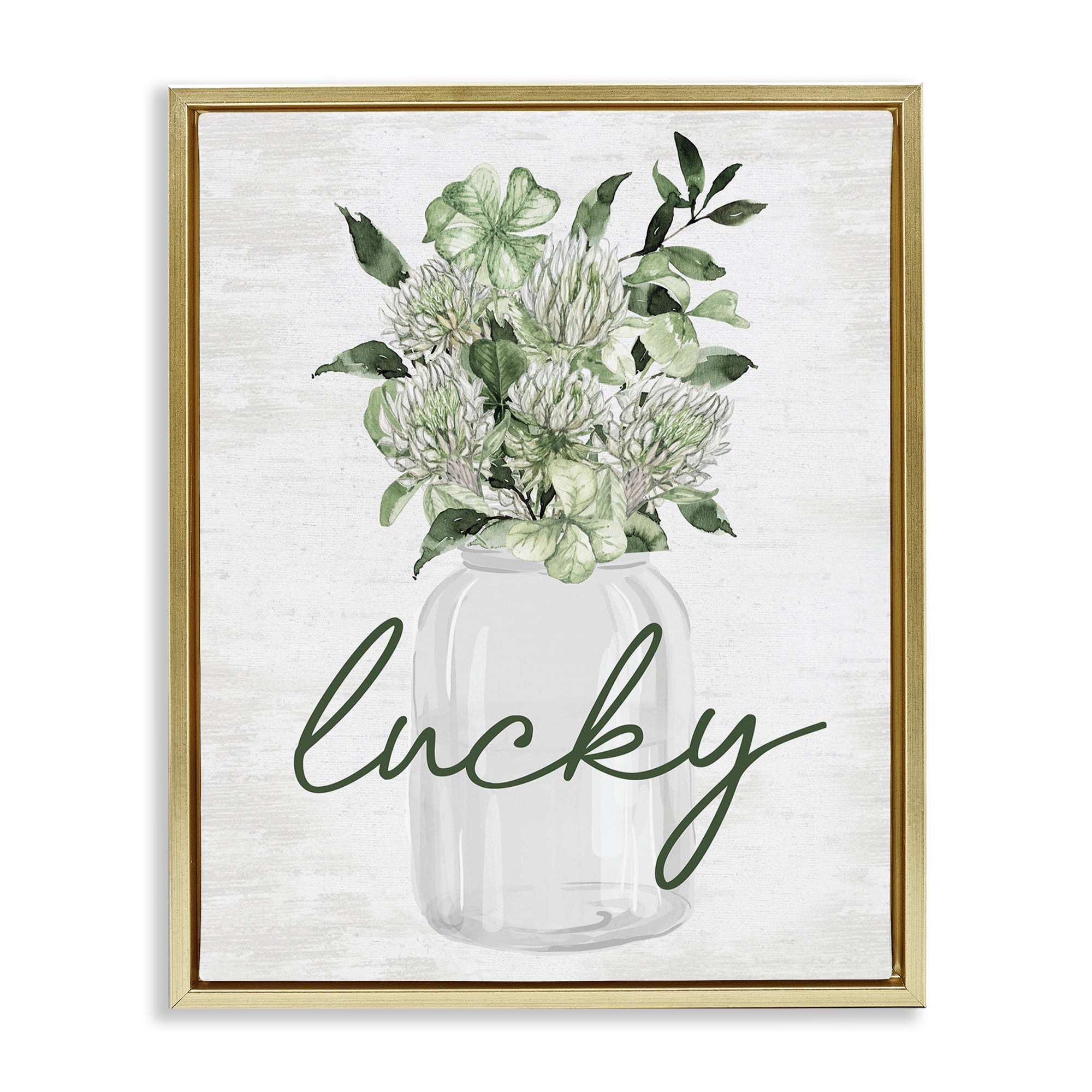 Stupell Industries Lucky Spring Shamrocks Botanical & Floral Painting Gold Floater Framed Canvas Art Print Wall Art, 25 x 31
