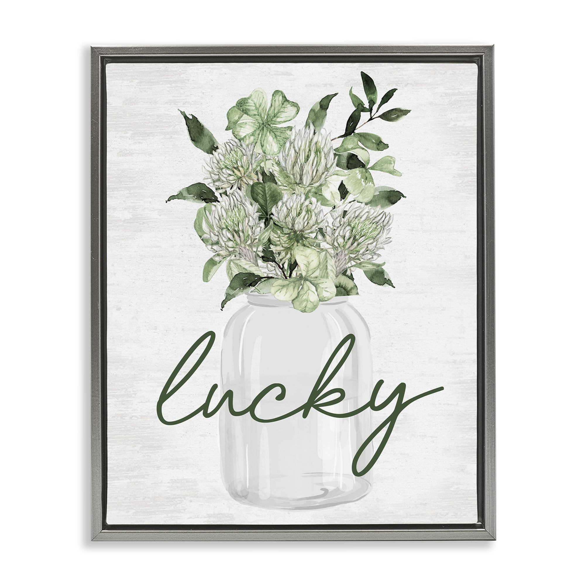 Stupell Industries Lucky Spring Shamrocks Botanical & Floral Painting Gray Floater Framed Canvas Art Print Wall Art, 25 x 31