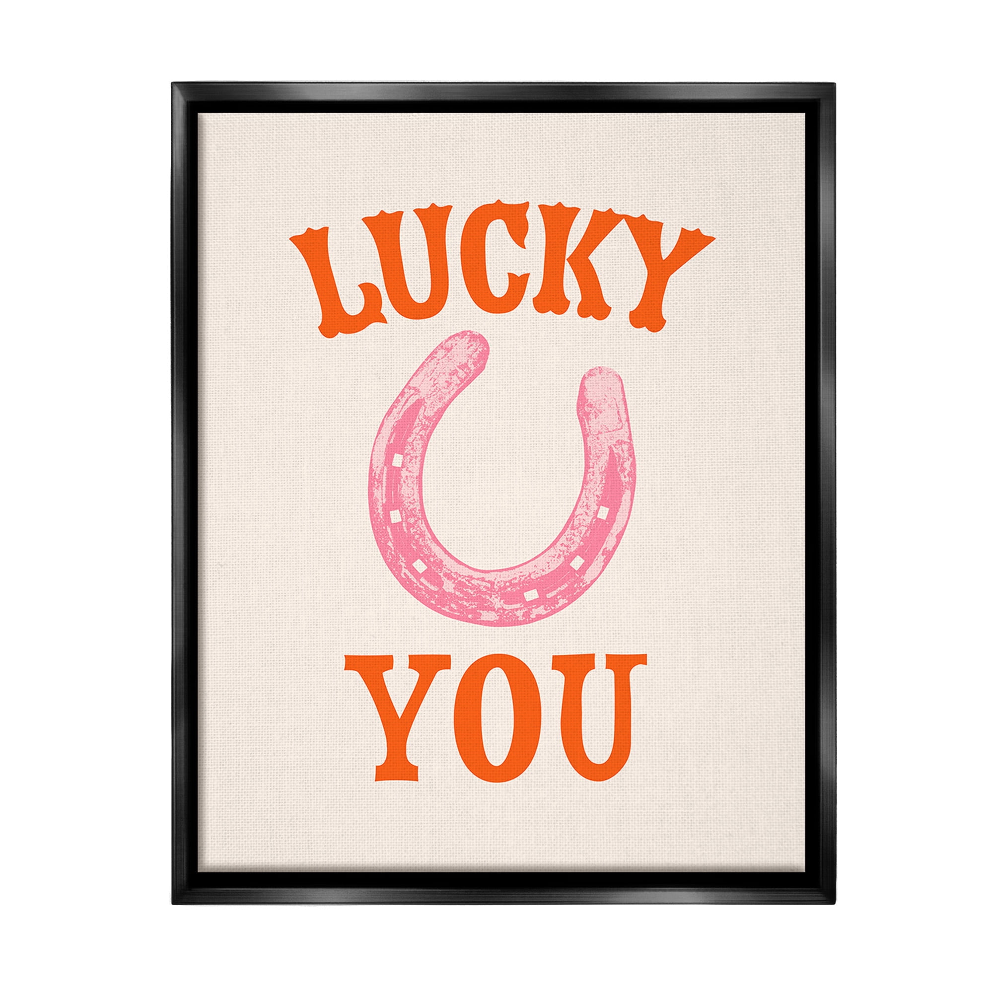 Stupell Industries Lucky You Horseshoe Typography Painting Black Floater Framed Canvas Art Print Wall Art, 17 x 21