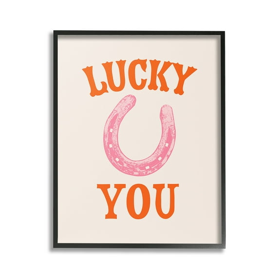 Stupell Industries Lucky You Horseshoe Typography Painting Black Framed Art Print Wall Art, 16 x 20