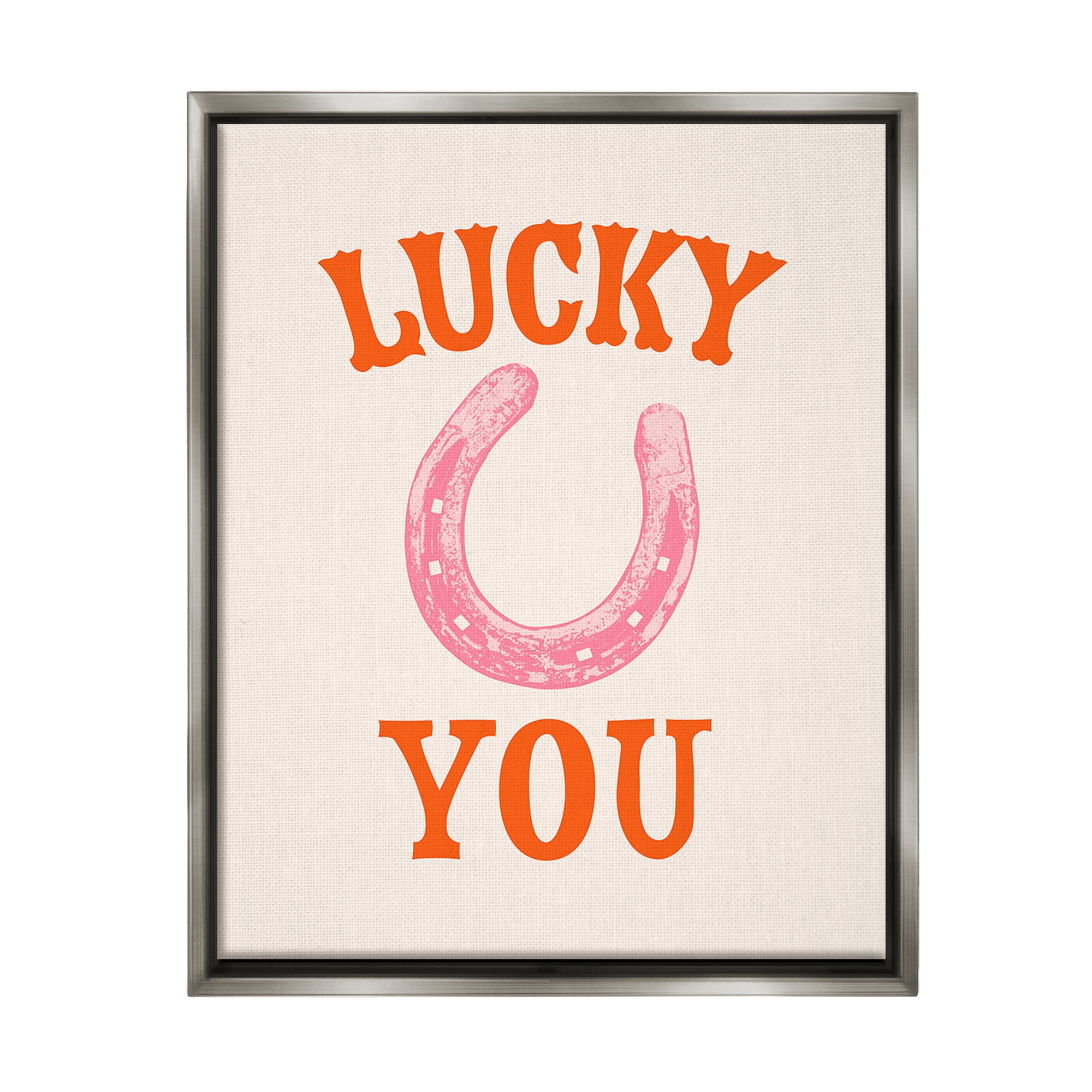 Stupell Industries Lucky You Horseshoe Typography Painting Gray Floater Framed Canvas Art Print Wall Art, 25 x 31