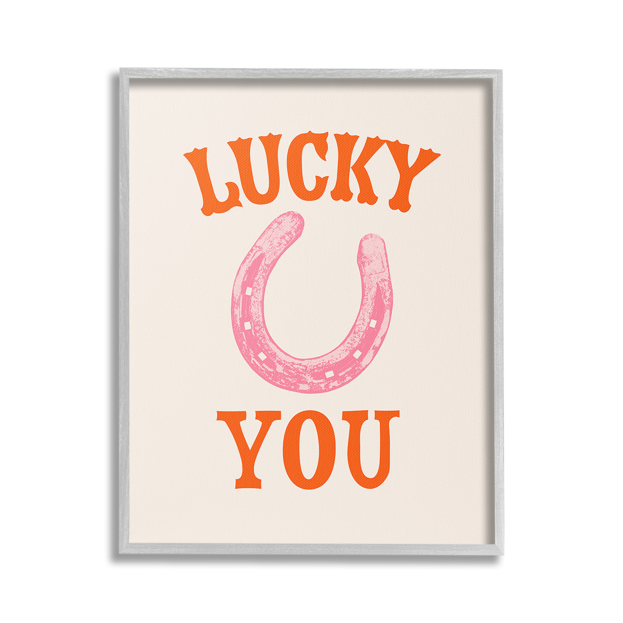 Stupell Industries Lucky You Horseshoe Typography Painting Gray Framed Art Print Wall Art, 16 x 20