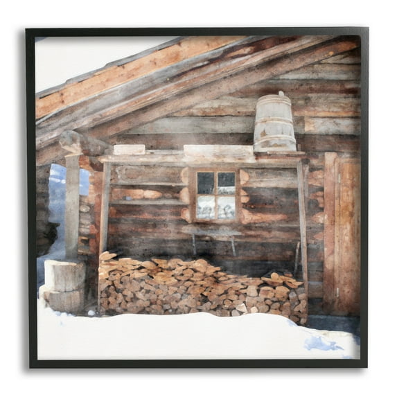 Stupell Industries Lumber at Winter Cabin Travel & Places Painting Black Framed Art Print Wall Art, 12 x 12
