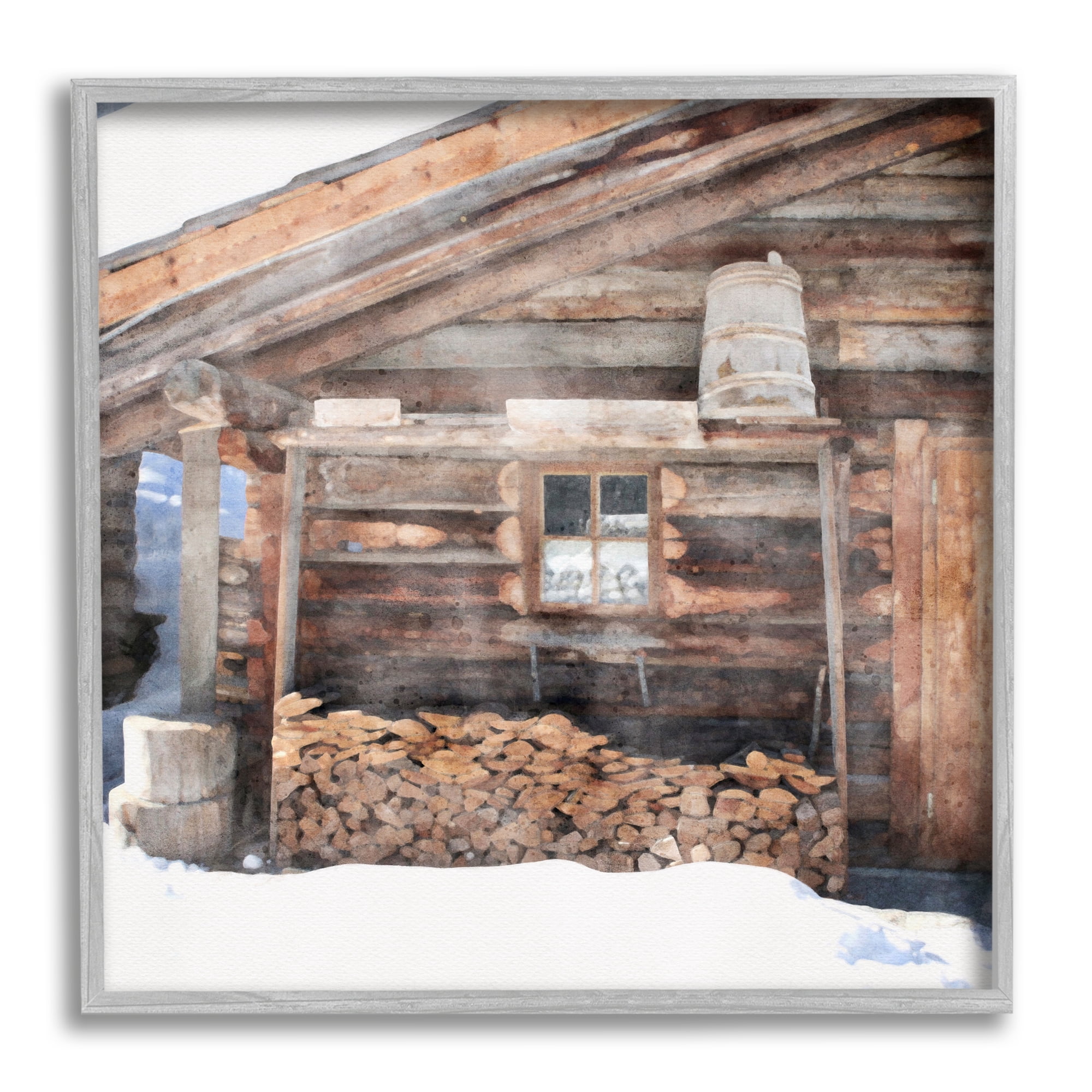 Stupell Industries Lumber at Winter Cabin Travel & Places Painting Gray Framed Art Print Wall Art, 24 x 24