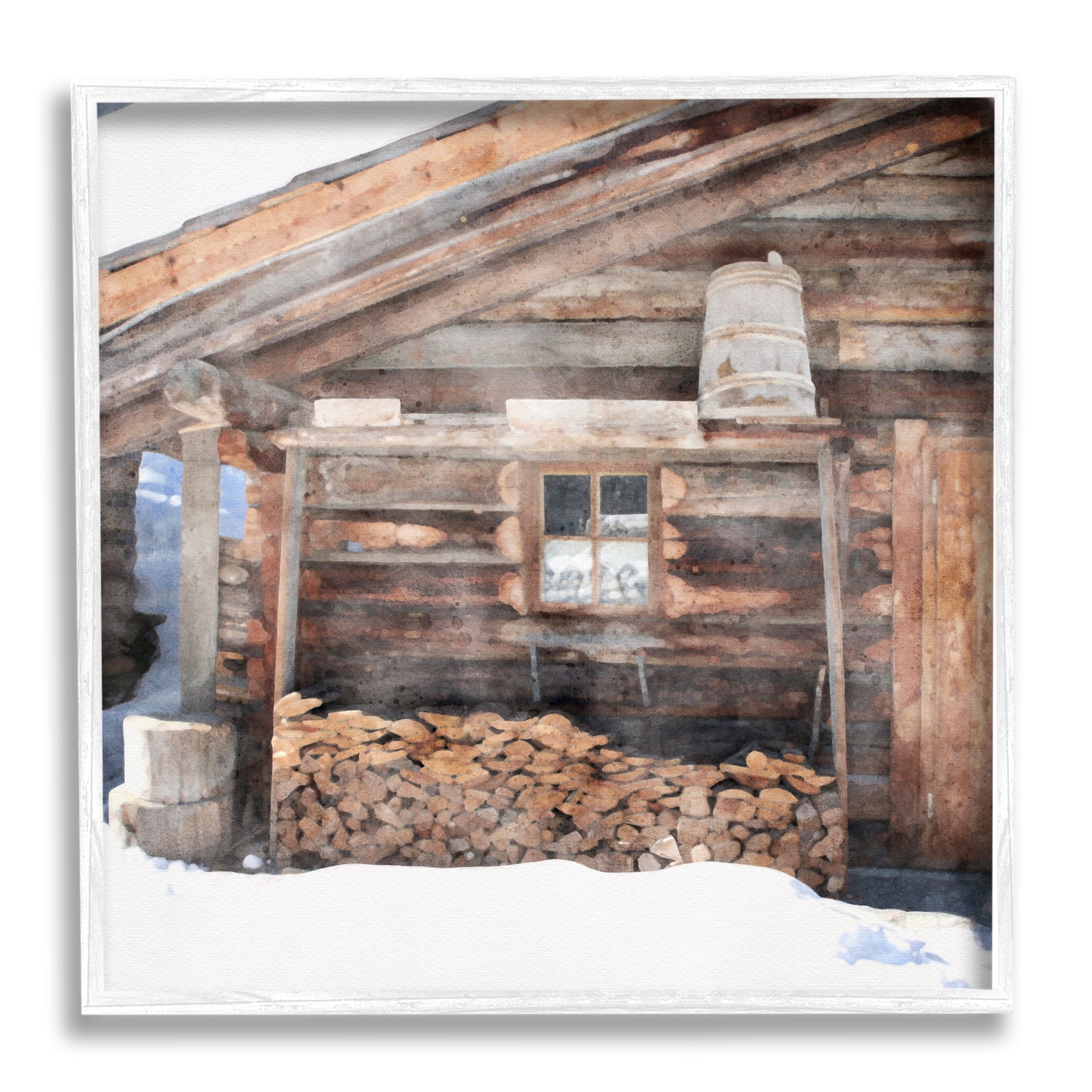 Stupell Industries Lumber at Winter Cabin Travel & Places Painting White Framed Art Print Wall Art, 17 x 17