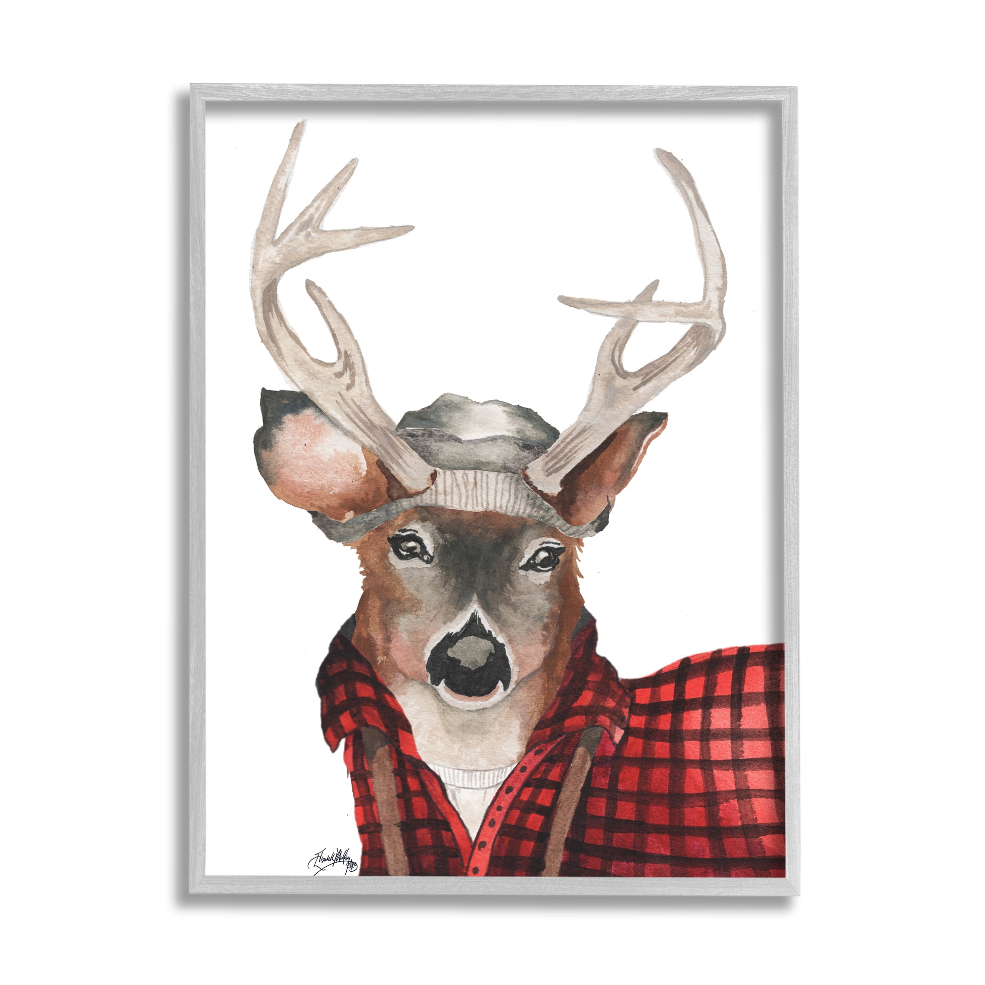 Stupell Industries Lumberjack Buck Deer with Beanie Red Plaid Cabin Painting Gray Framed Art Print Wall Art, 11 x 14, Design by Elizabeth Medley