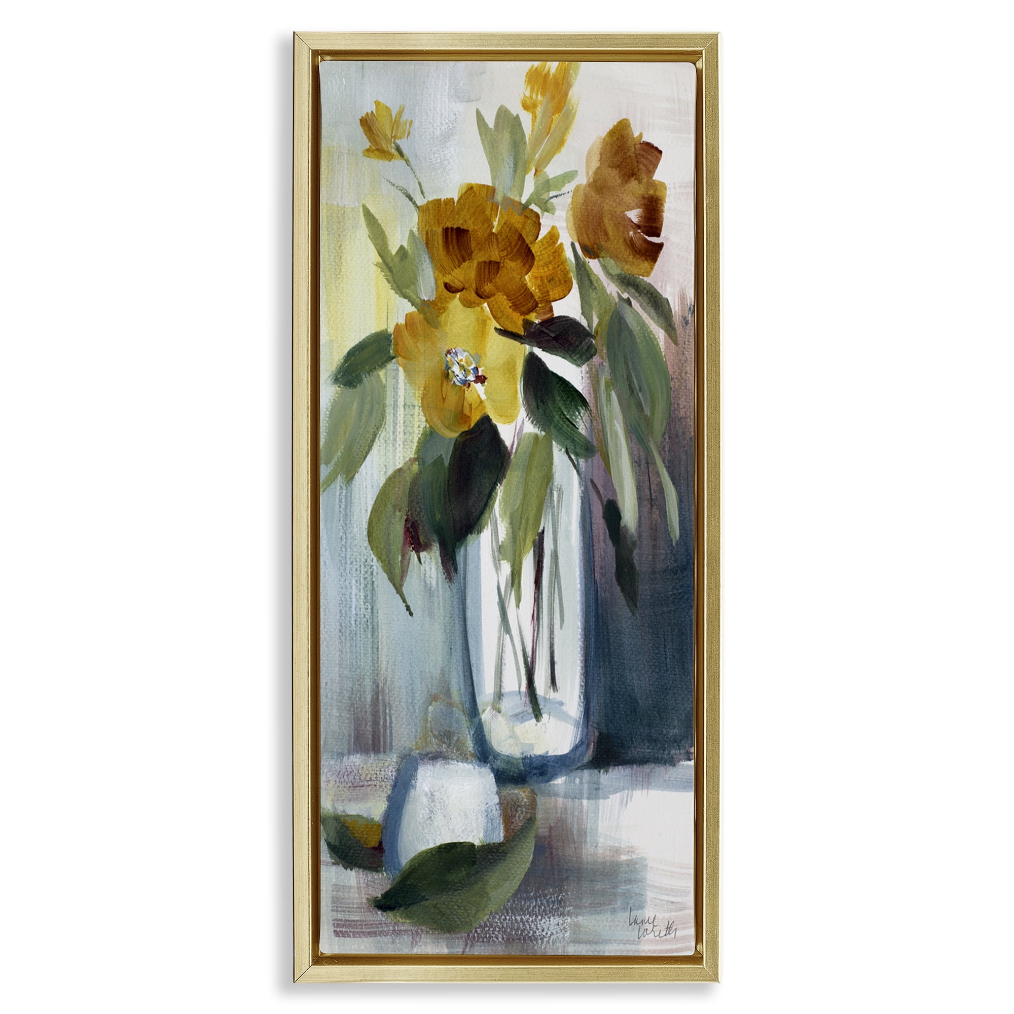Stupell Industries Luminous Floral Bouquet Plants & Flowers Painting Gold Floater Framed Canvas Art Print Wall Art, 11 x 25