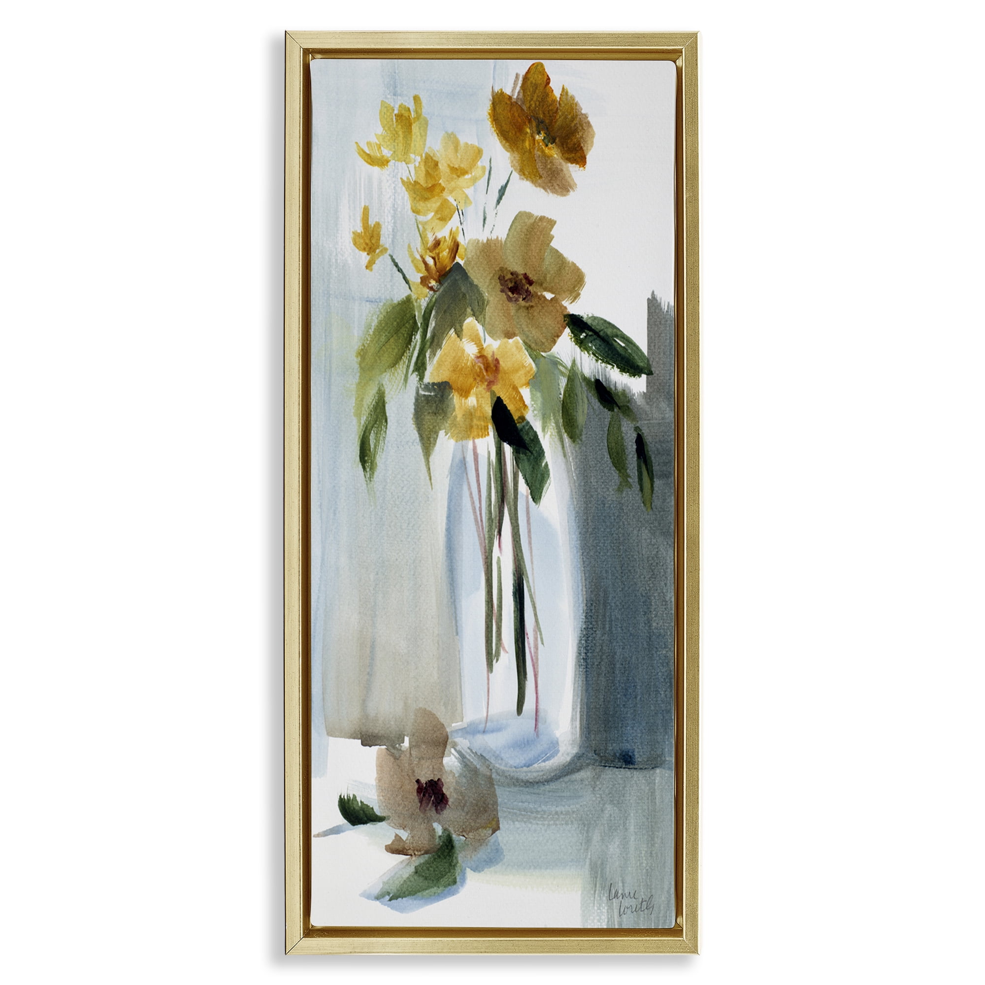 Stupell Industries Luminous Flower Vase Plants & Flowers Painting Gold Floater Framed Canvas Art Print Wall Art, 11 x 25