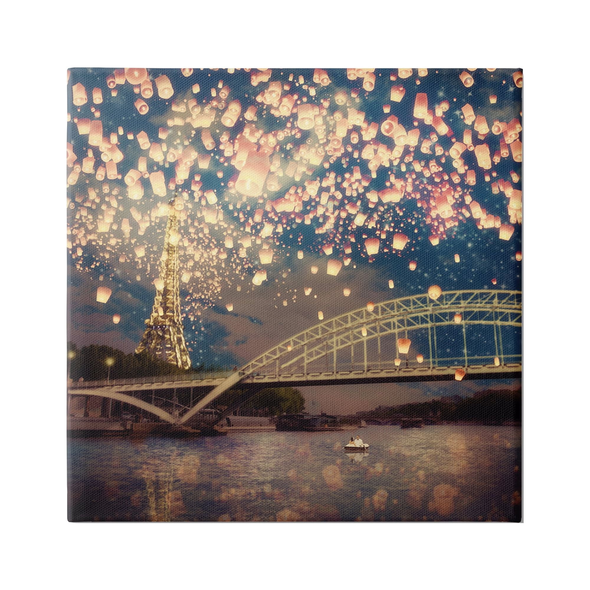 Luminous Lanterns Parisian City Skyline Modern Bridge Landscape Photograph Gallery-Wrapped Canvas Print Wall Art
