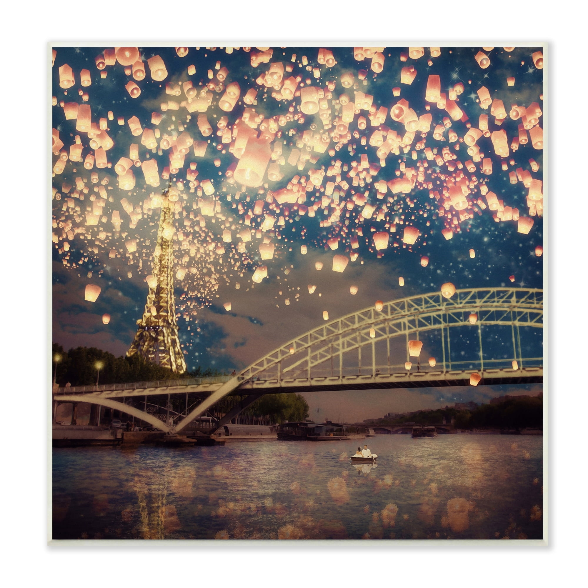 Stupell Industries Luminous Lanterns Parisian City Skyline Modern Bridge Wood Wall Art, 12 x 12, Design by Paula Belle Flores