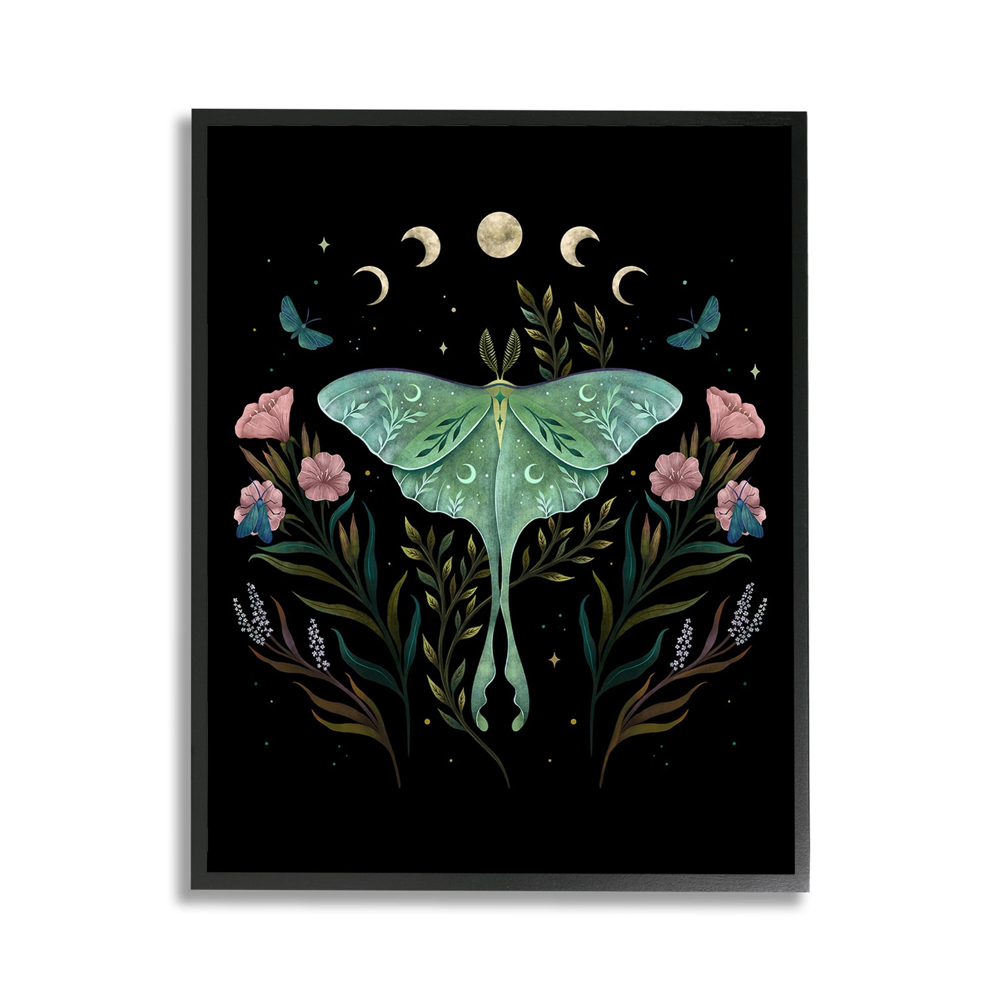 Stupell Industries Luna Moth with Florals Animals & Insects Painting Black Framed Art Print Wall Art, 11 x 14