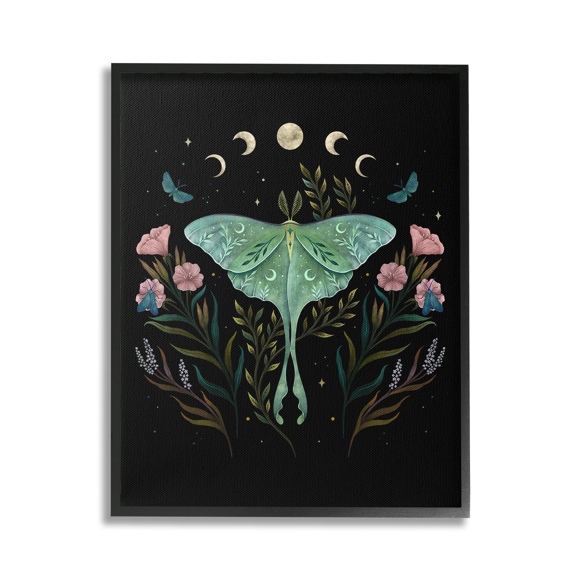 Stupell Industries Luna Moth with Florals Animals & Insects Painting Black Framed Art Print Wall Art, 16 x 20