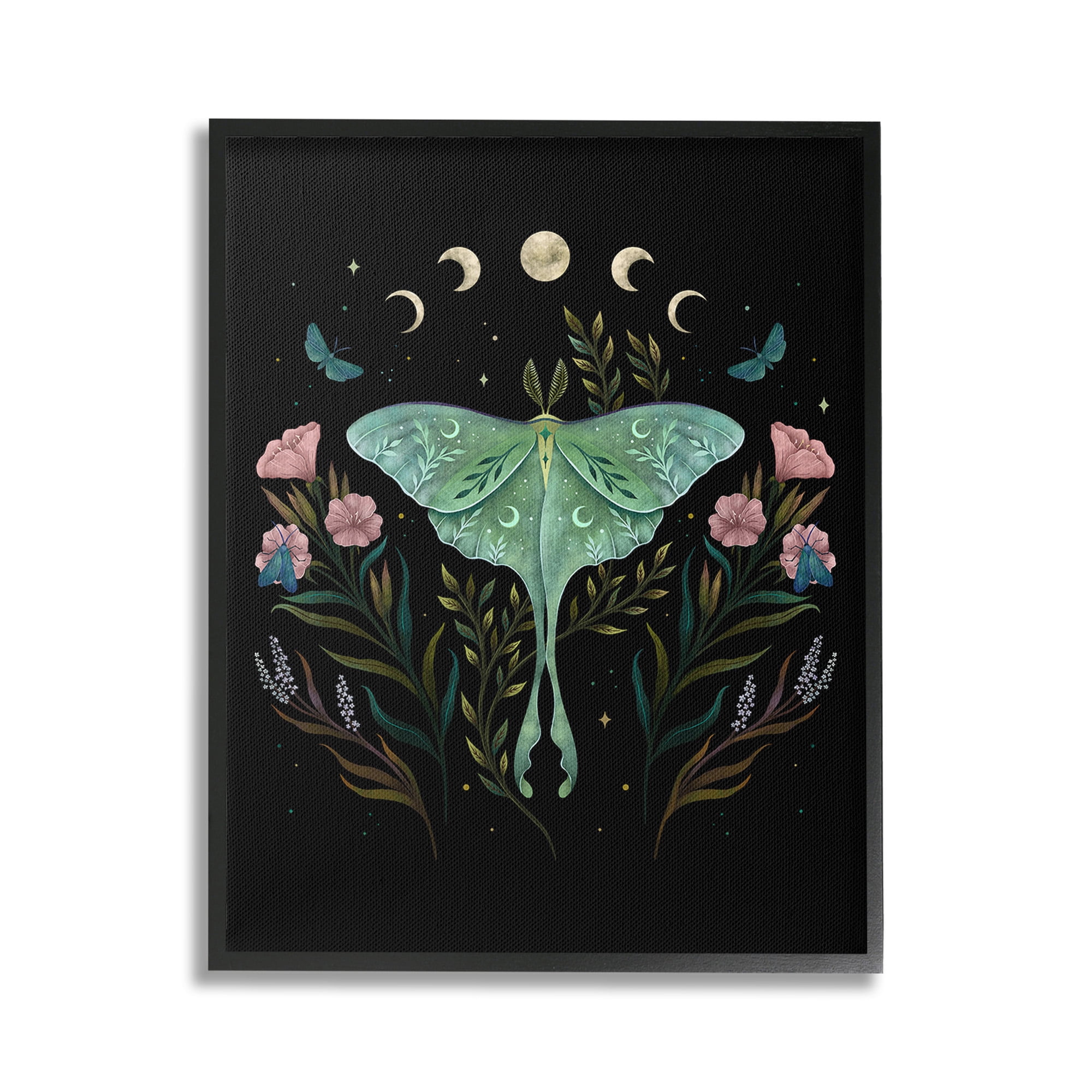 Stupell Industries Luna Moth with Florals Animals & Insects Painting Black Framed Art Print Wall Art, 24 x 30