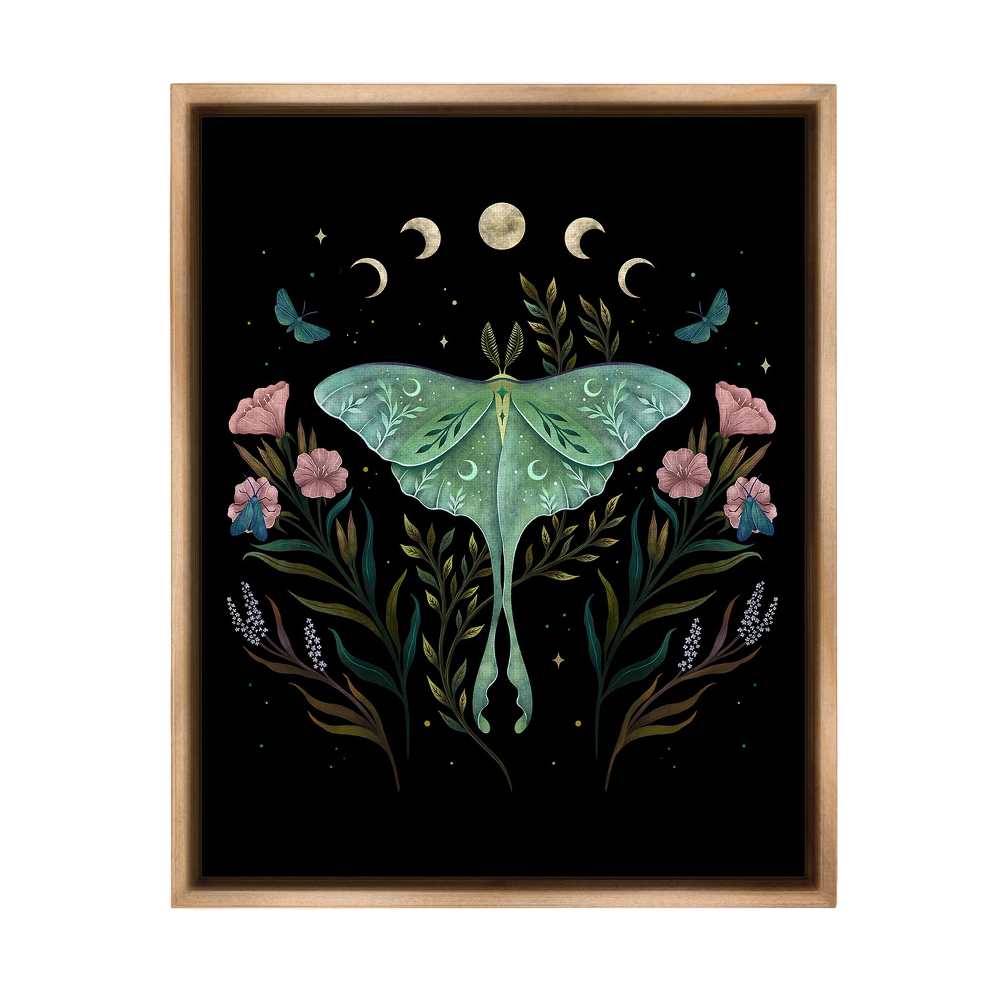 Stupell Industries Luna Moth with Florals Animals & Insects Painting Brown Floater Framed Canvas Art Print Wall Art, 17 x 21