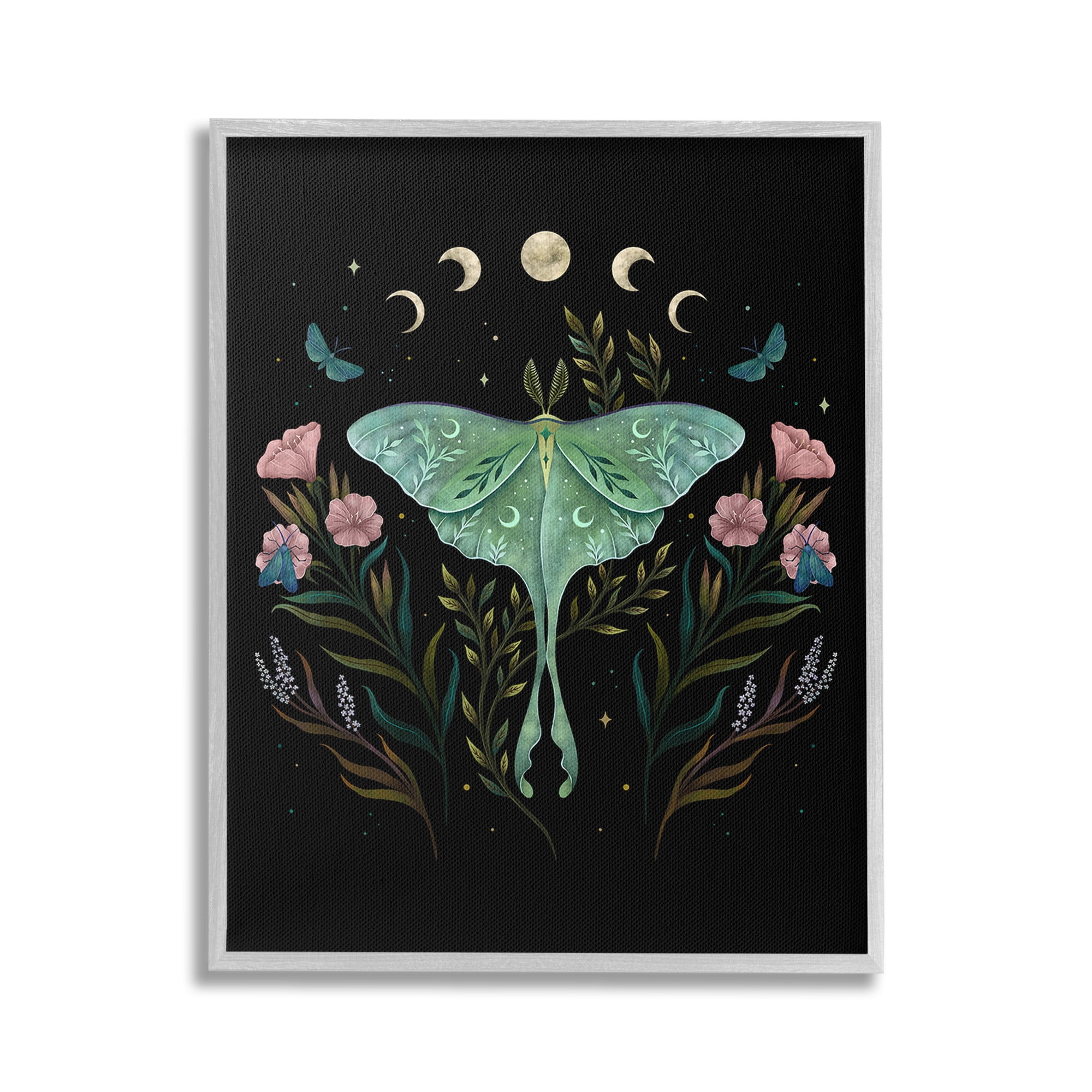 Stupell Industries Luna Moth with Florals Animals & Insects Painting Gray Framed Art Print Wall Art, 16 x 20