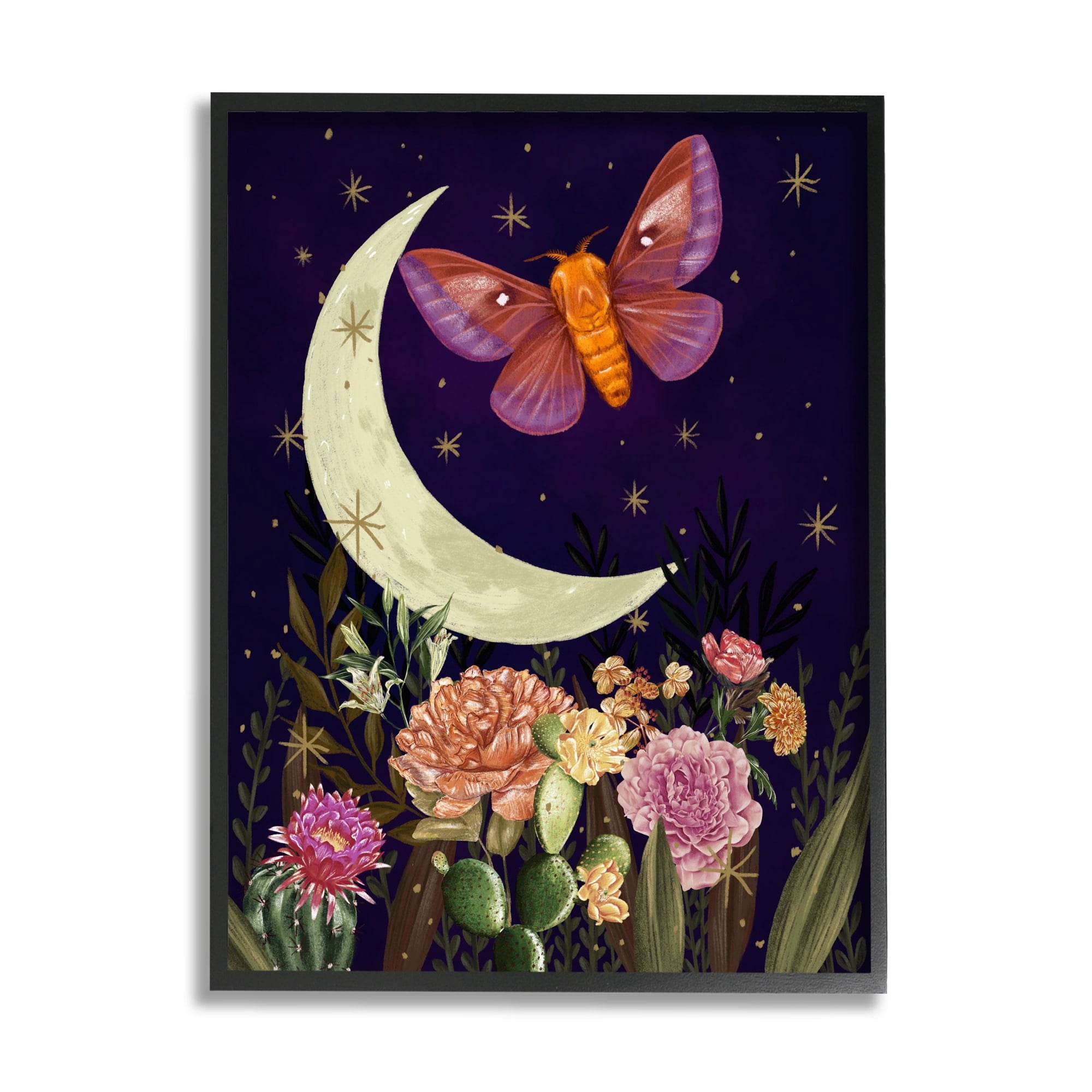 Stupell Industries Lunar Butterfly Flying Night Sky Floral Garden Graphic Art Black Framed Art Print Wall Art, Design by Raquel Maciel