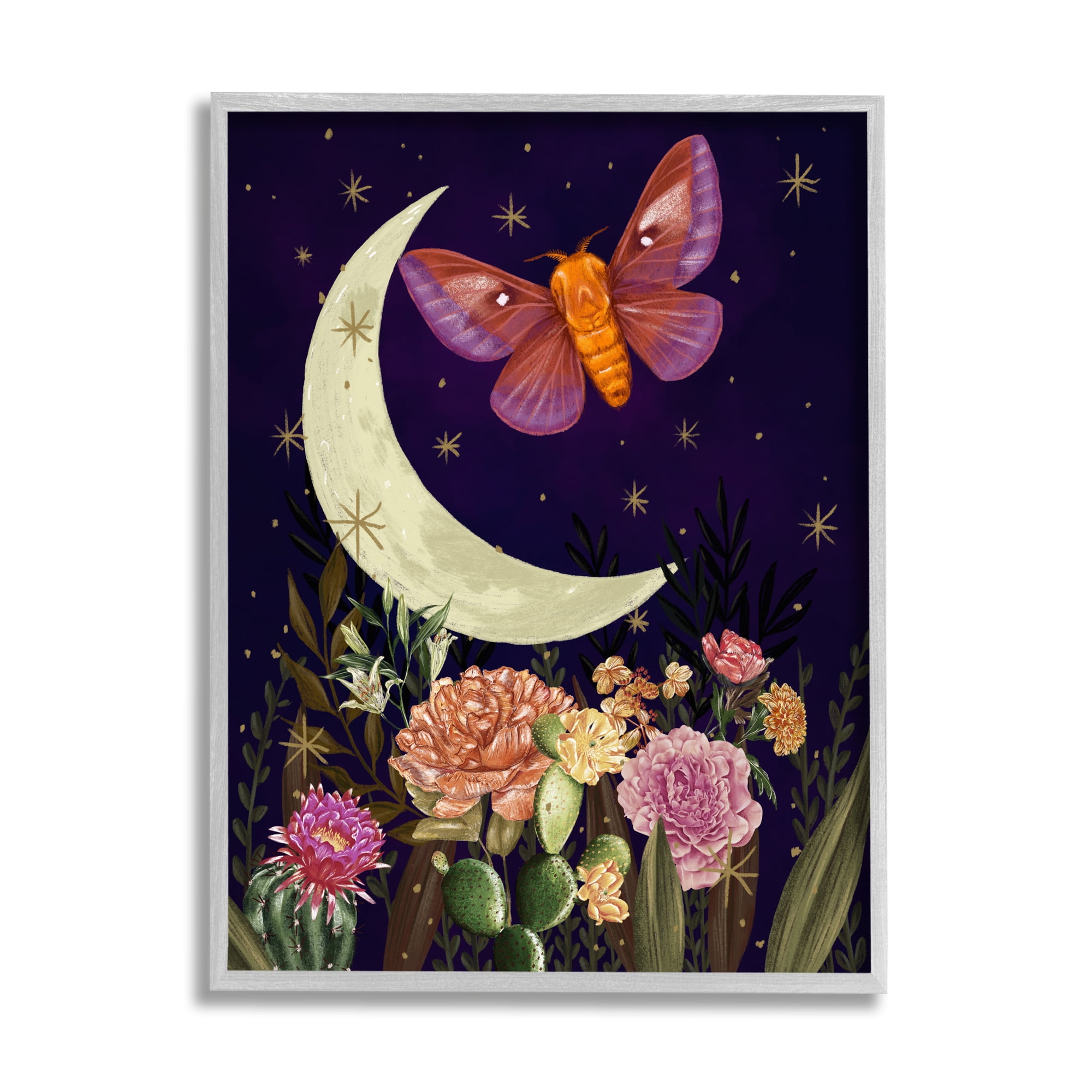 Stupell Industries Lunar Butterfly Flying Night Sky Floral Garden Graphic Art Gray Framed Art Print Wall Art, Design by Raquel Maciel