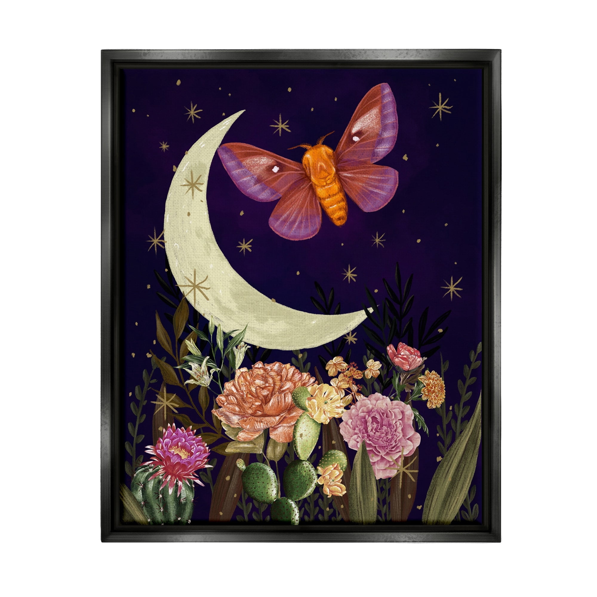Stupell Industries Lunar Butterfly Flying Night Sky Floral Garden Graphic Art Jet Black Floating Framed Canvas Print Wall Art, Design by Raquel Maciel