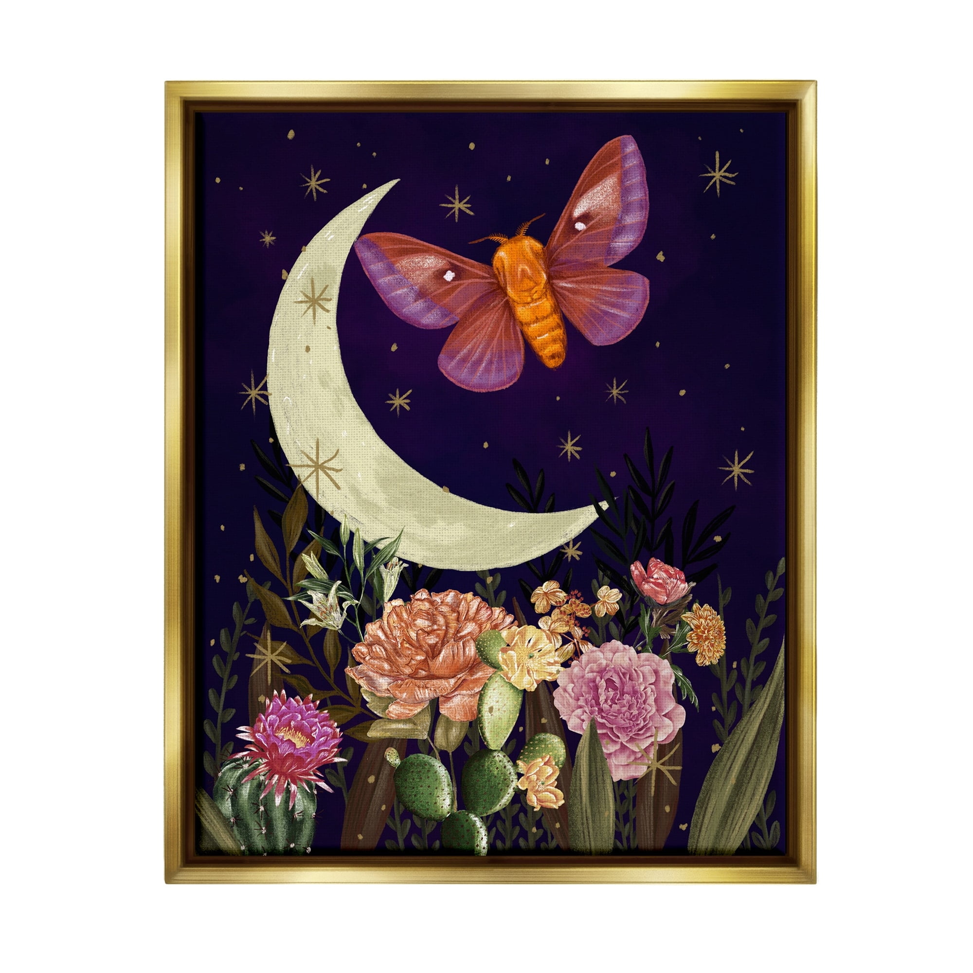 Stupell Industries Lunar Butterfly Flying Night Sky Floral Garden Graphic Art Metallic Gold Floating Framed Canvas Print Wall Art, Design by Raquel Maciel