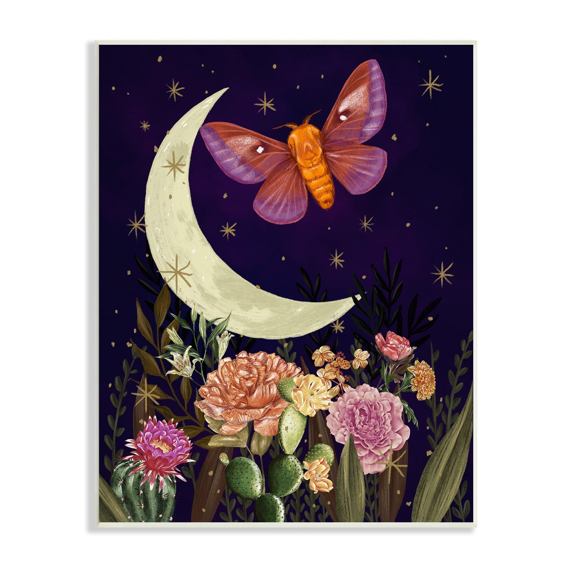 Stupell Industries Lunar Butterfly Flying Night Sky Floral Garden Graphic Art Unframed Art Print Wall Art, Design by Raquel Maciel