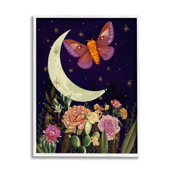 Stupell Industries Lunar Butterfly Flying Night Sky Floral Garden Graphic Art White Framed Art Print Wall Art, Design by Raquel Maciel