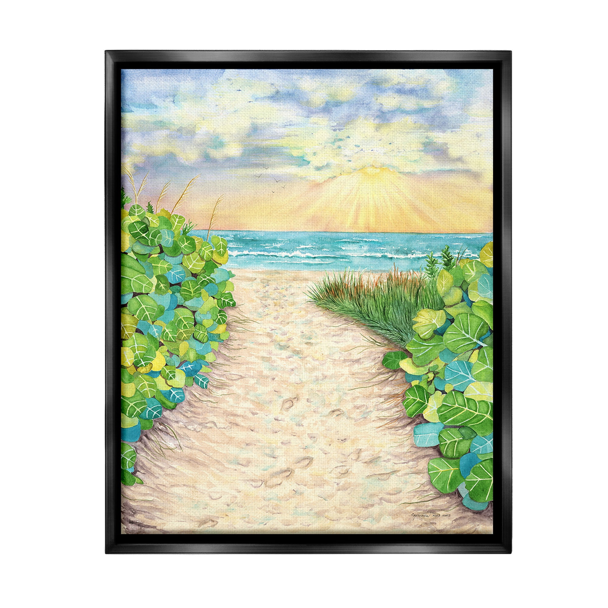 Stupell Industries Lush Beach Botanicals Landscape Painting Black Floater Framed Canvas Art Print Wall Art, 25 x 31