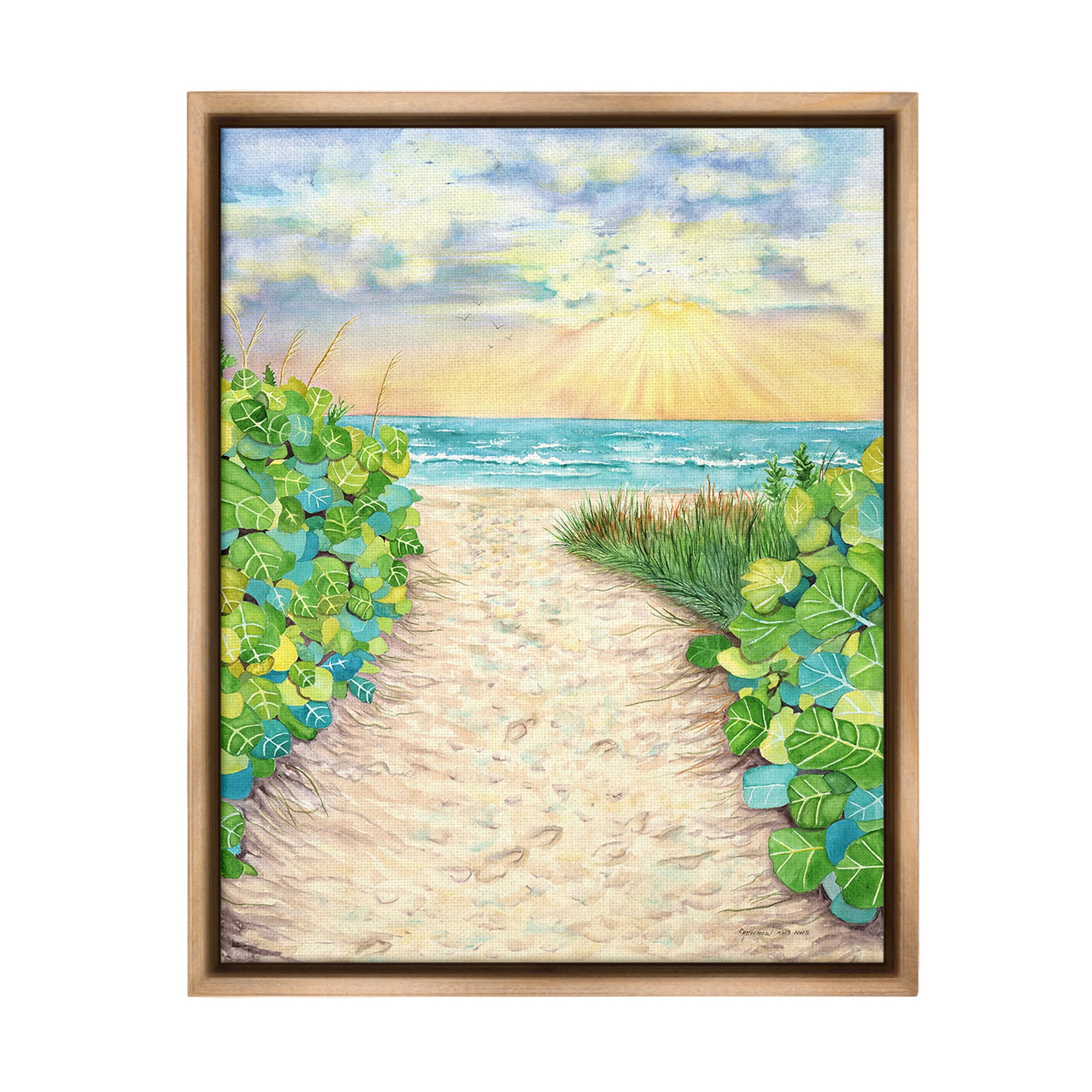 Stupell Industries Lush Beach Botanicals Landscape Painting Brown Floater Framed Canvas Art Print Wall Art, 25 x 31