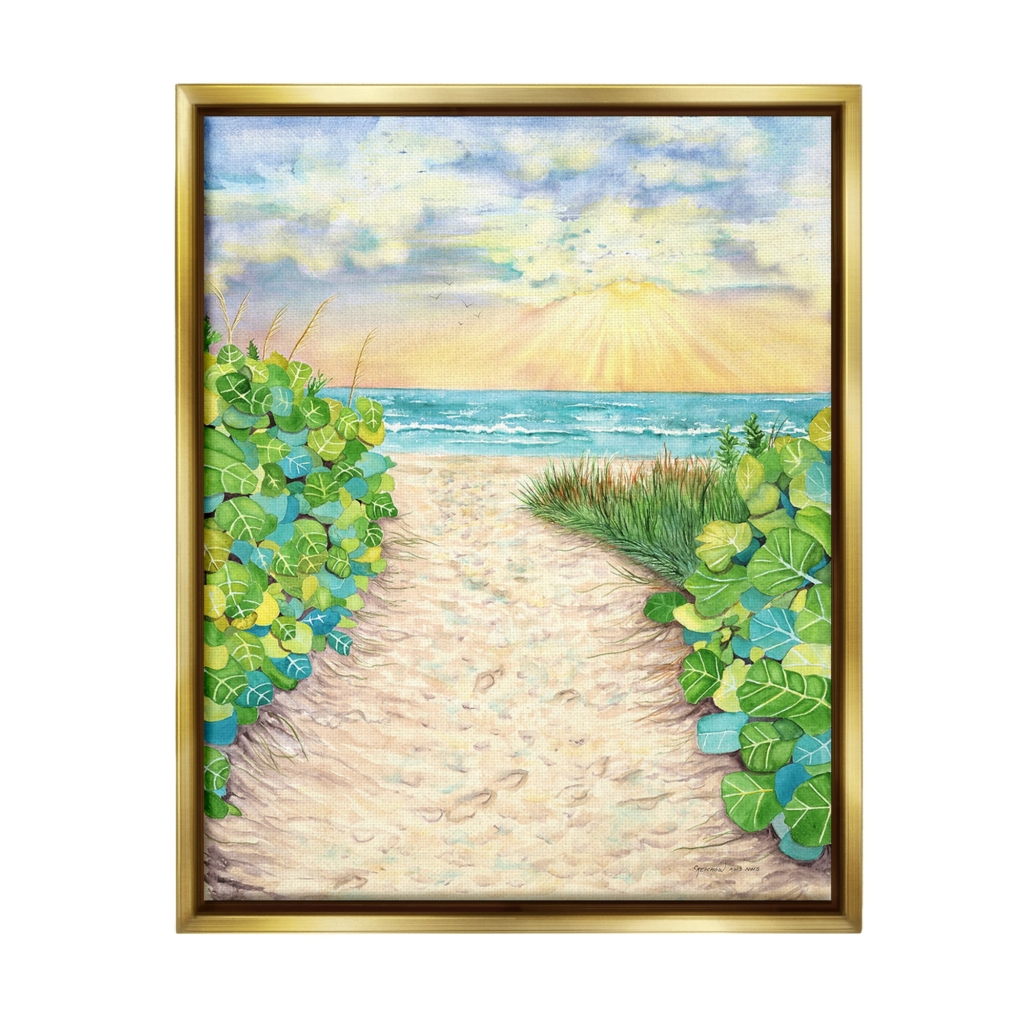 Stupell Industries Lush Beach Botanicals Landscape Painting Gold Floater Framed Canvas Art Print Wall Art, 17 x 21