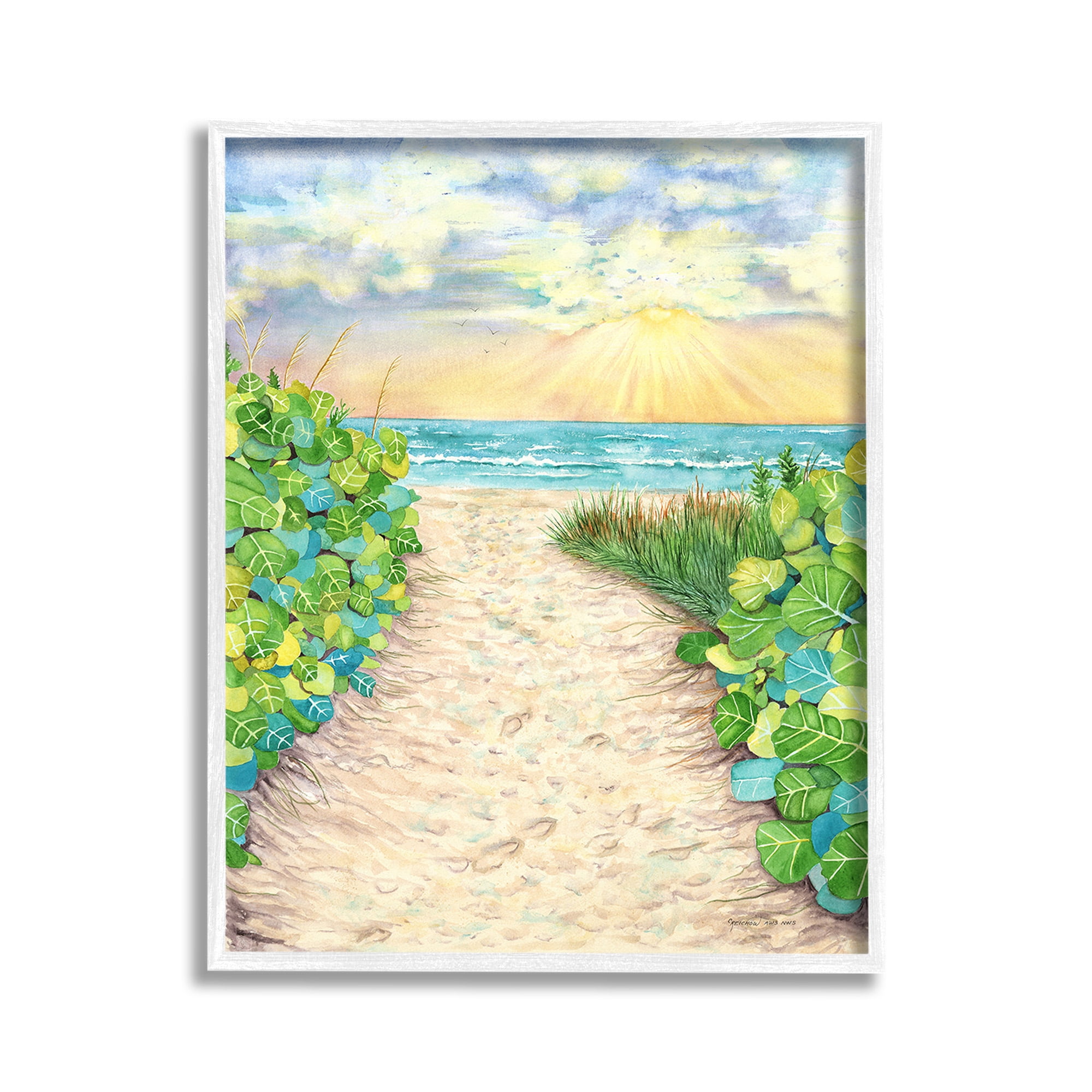 Stupell Industries Lush Beach Botanicals Landscape Painting White Framed Art Print Wall Art, 11 x 14