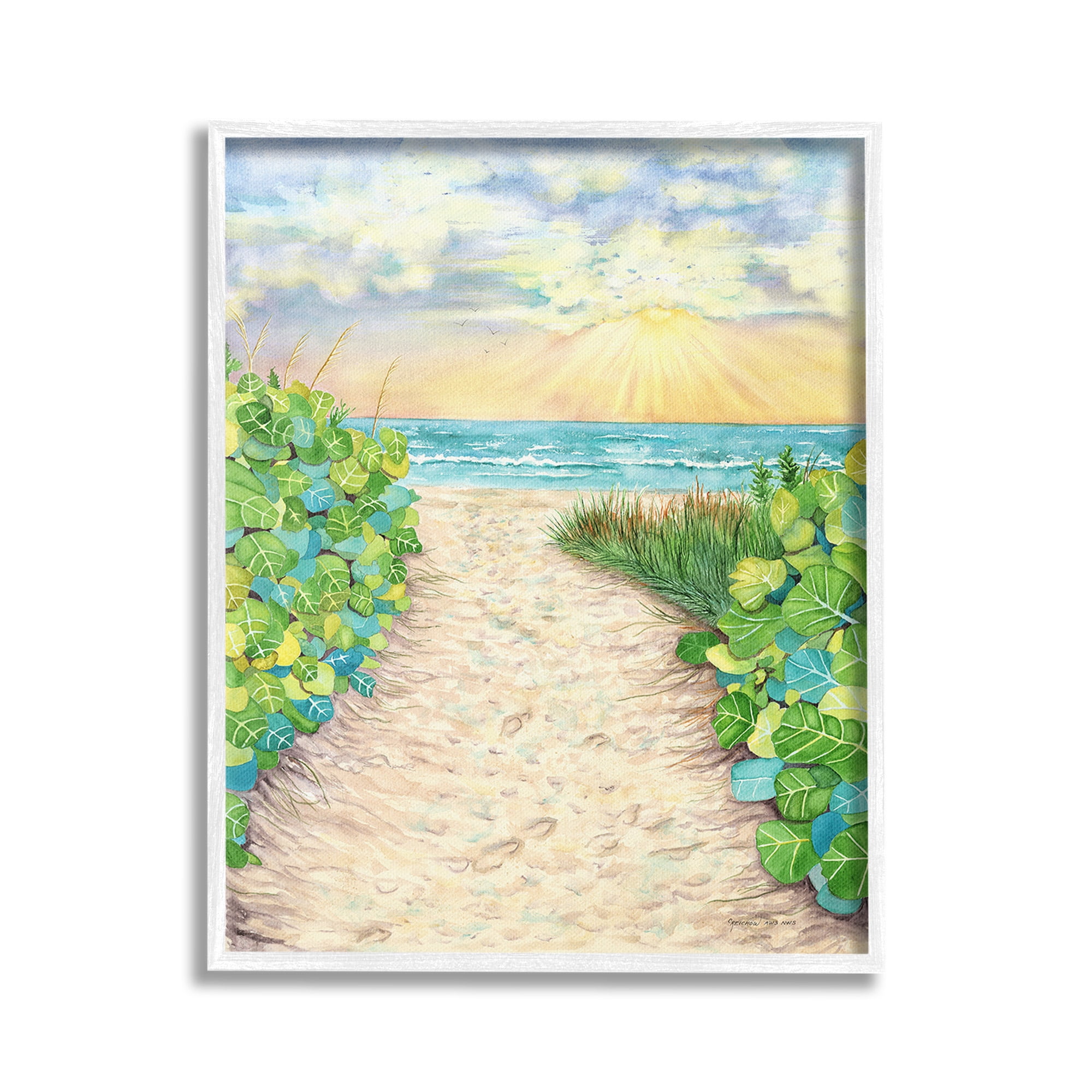 Stupell Industries Lush Beach Botanicals Landscape Painting White Framed Art Print Wall Art, 24 x 30