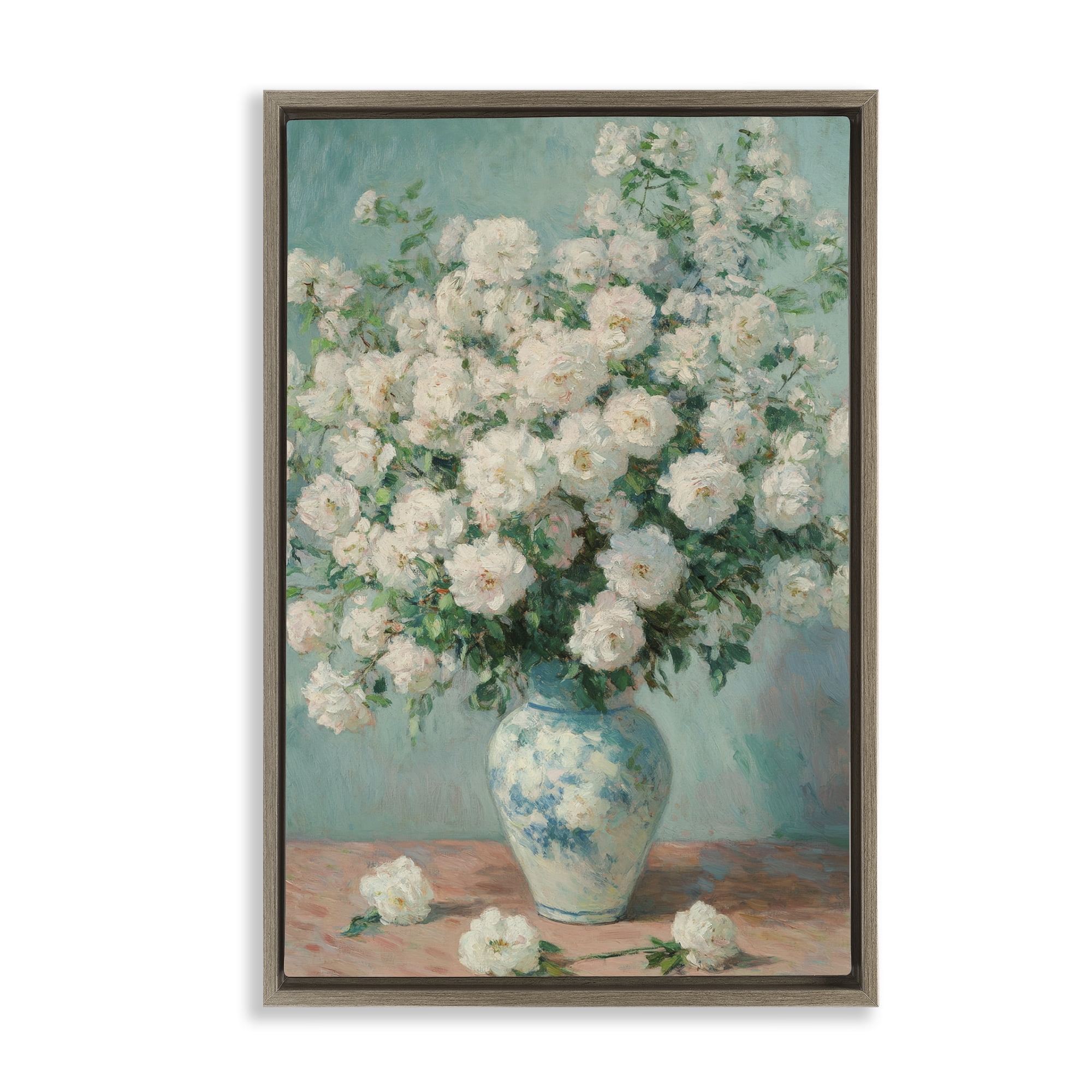 Stupell Industries Lush Bouquet of White Roses Brown Framed Floater Canvas Wall Art, design by Petal Prints Design