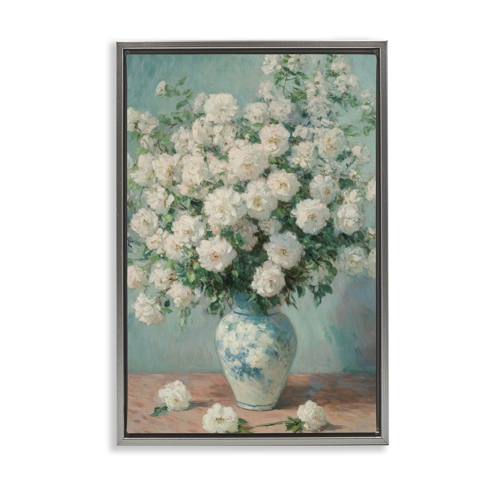 Stupell Industries Lush Bouquet of White Roses Gray Framed Floater Canvas Wall Art, design by Petal Prints Design