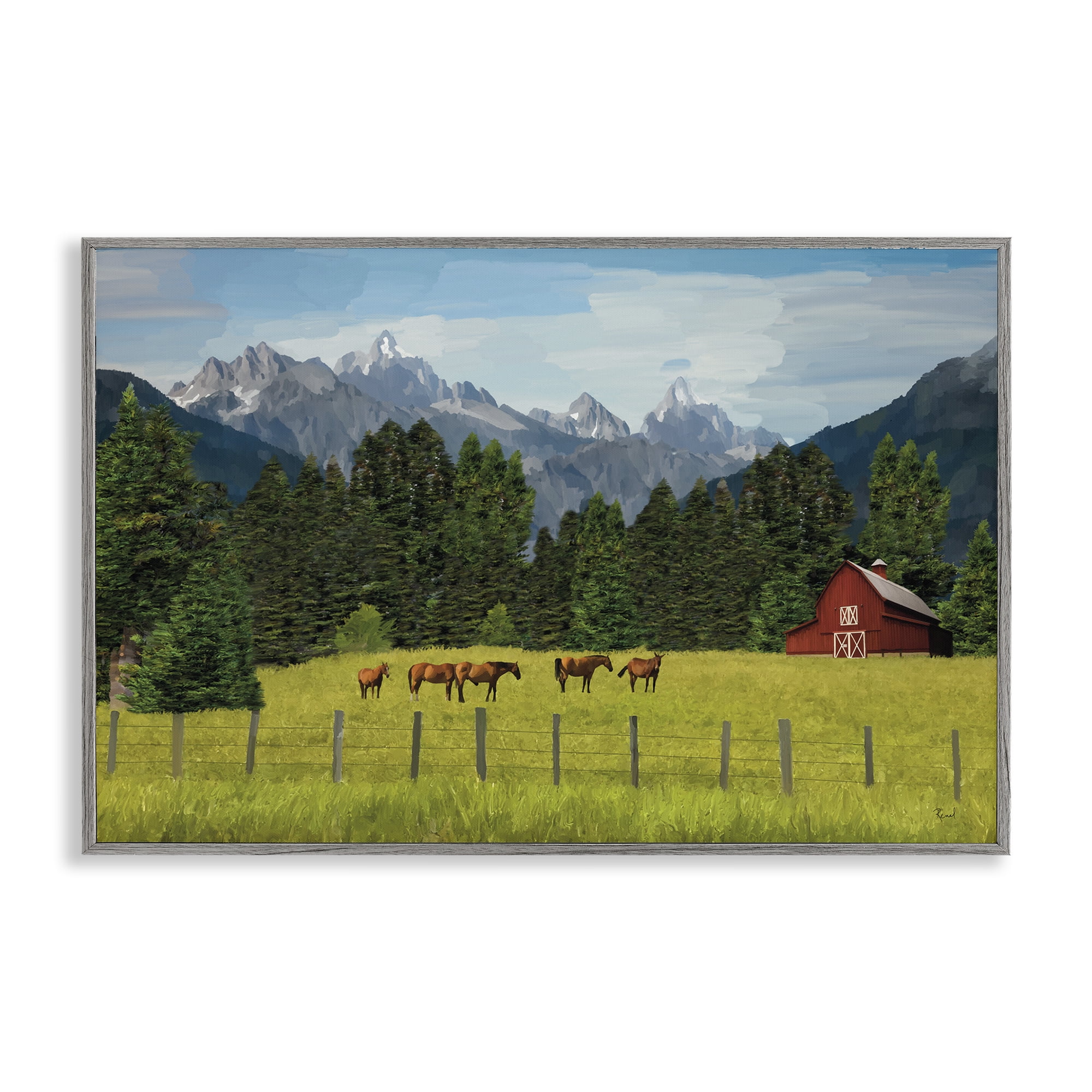 Stupell Industries Lush Green Pasture Grazing Landscape & Nature Painting Gray Framed Art Print Wall Art, 24 x 16