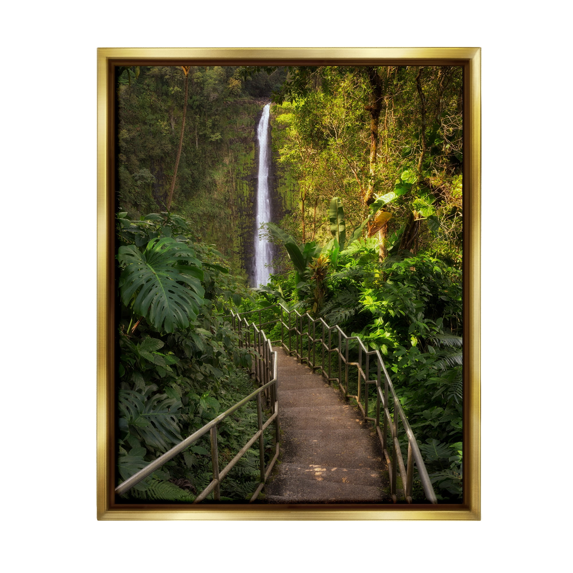 Stupell Industries Lush Jungle Bridge Waterfall Landscape Photography Gold Floater Framed Art Print Wall Art