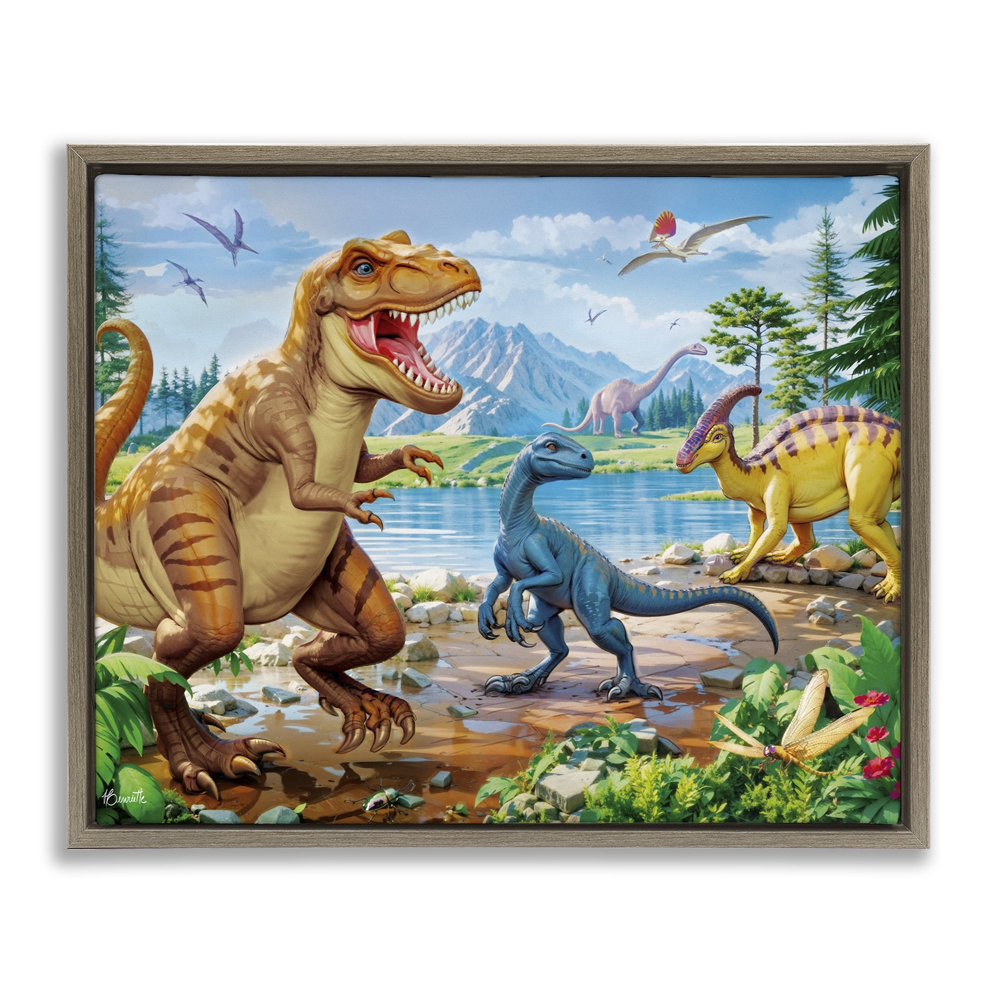 Stupell Industries Lush Jurassic Lakeside Brown Framed Floater Canvas Wall Art, design by Henriette Chinaglia