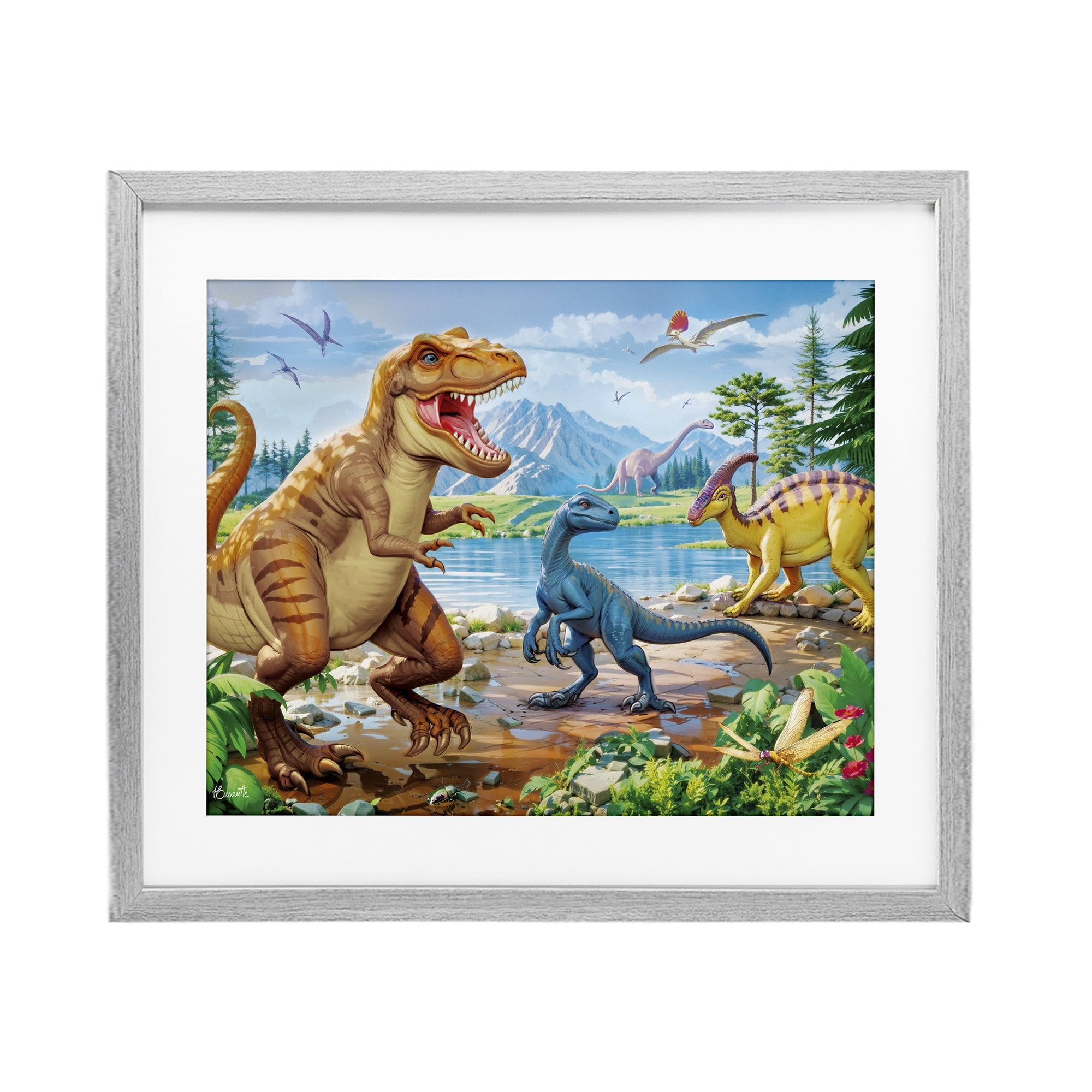 Stupell Industries Lush Jurassic Lakeside Gray Framed Print Under Glass, design by Henriette Chinaglia