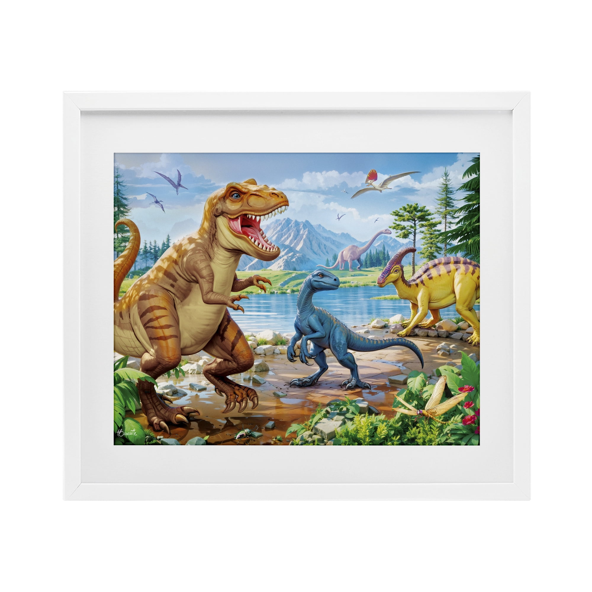 Stupell Industries Lush Jurassic Lakeside White Framed Print Under Glass, design by Henriette Chinaglia