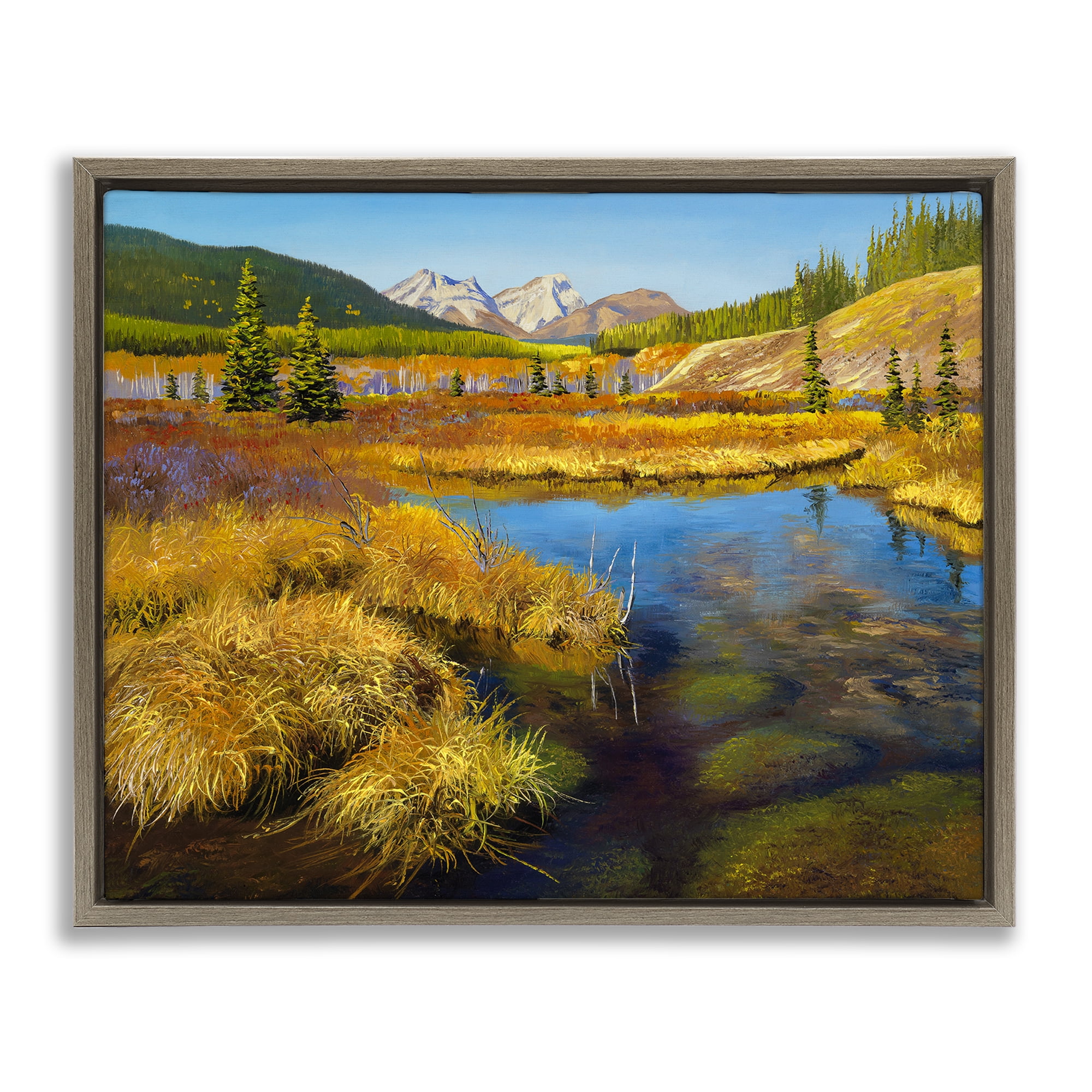 Stupell Industries Lush Pond Landscape Landscape & Nature Painting Brown Floater Framed Canvas Art Print Wall Art, 21 x 17